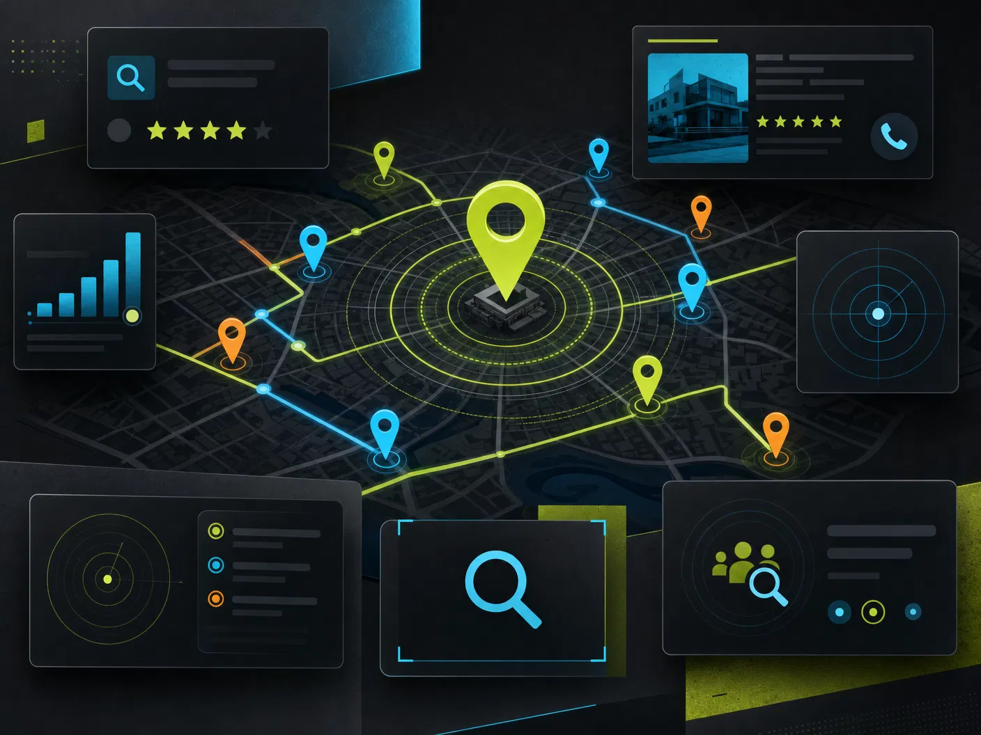 Mapa local abstrato com radar, pinos e cartões de busca