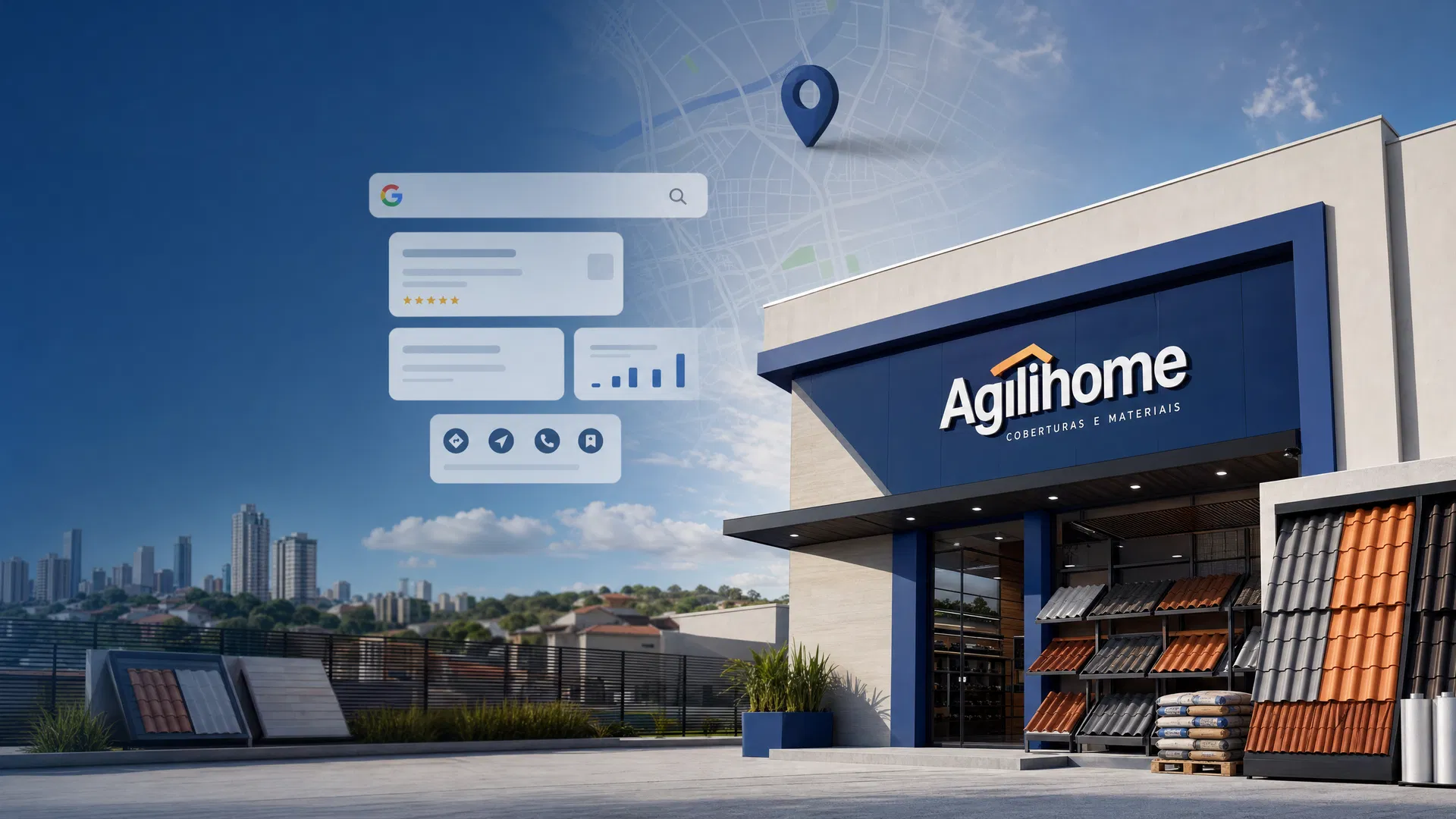 Fachada institucional Agilihome com elementos de busca local