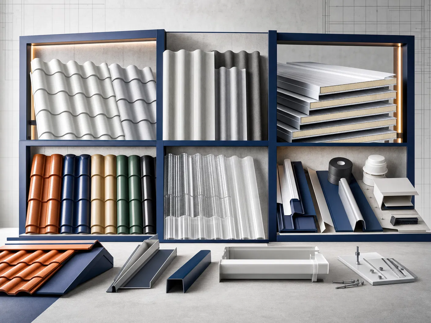 Catálogo visual de telhas e produtos complementares