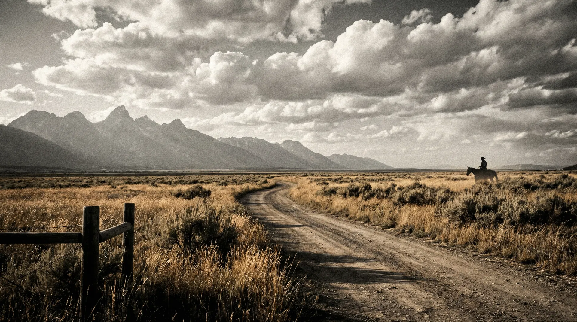 Prairie road stretching to mountains