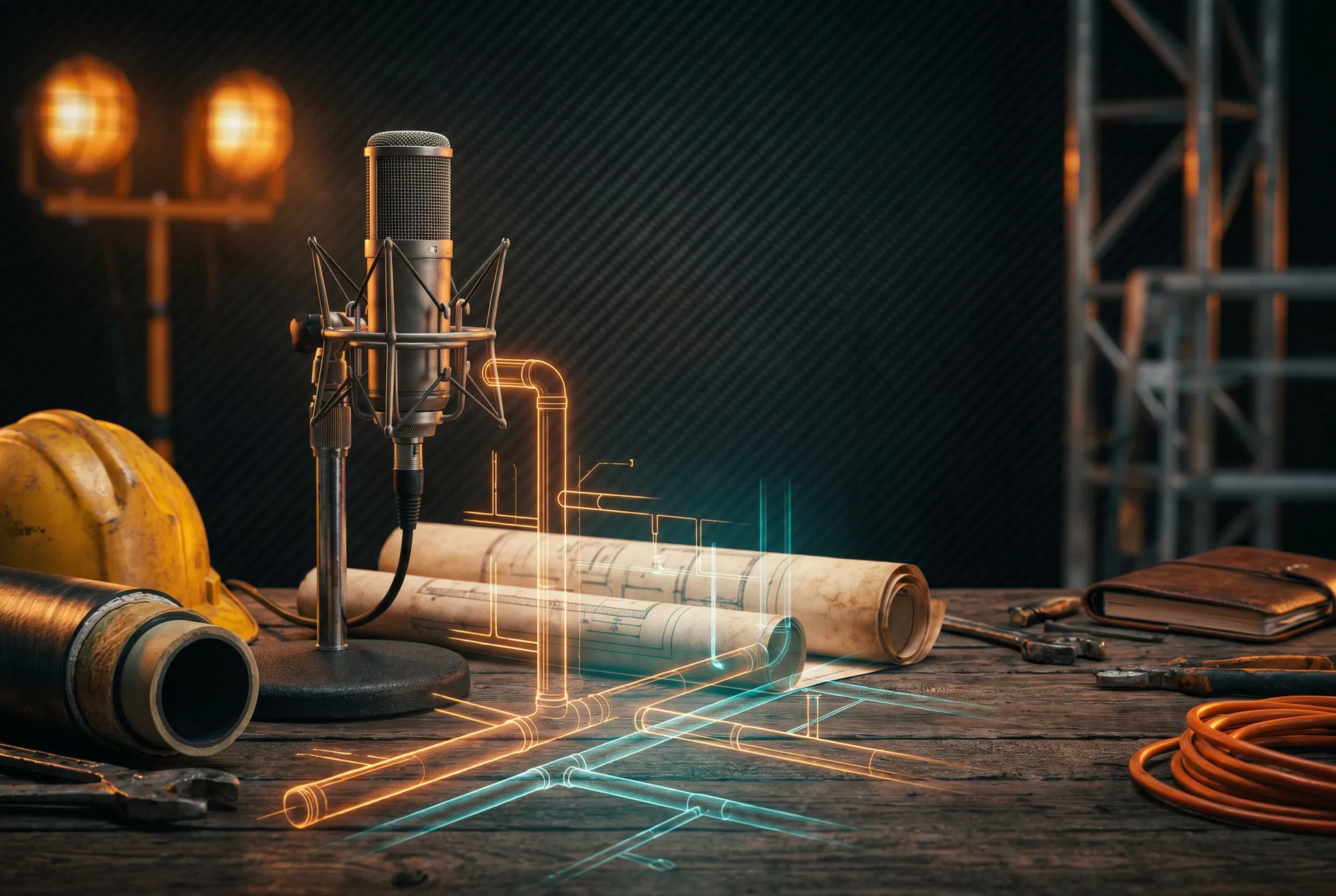 Podcast guest invitation visual with microphone and utility plans