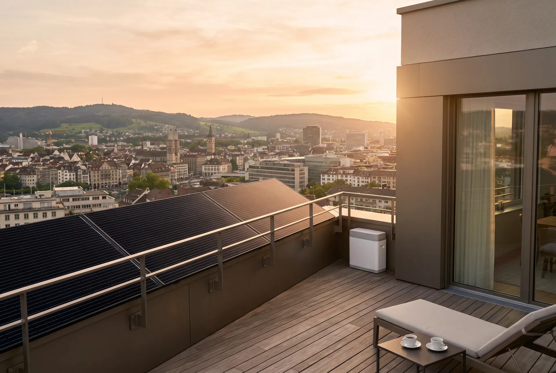 Avocado Orbit M auf Zürcher Balkon mit Solaranlage und Stadtpanorama