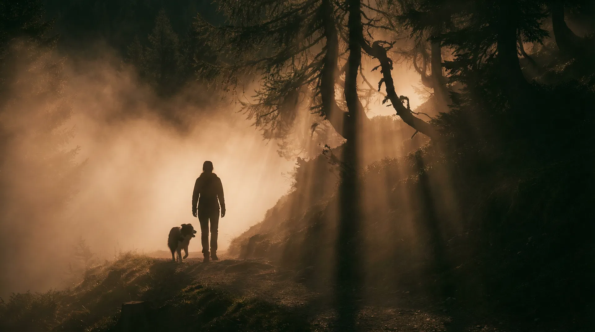 Uomo e cane nella nebbia