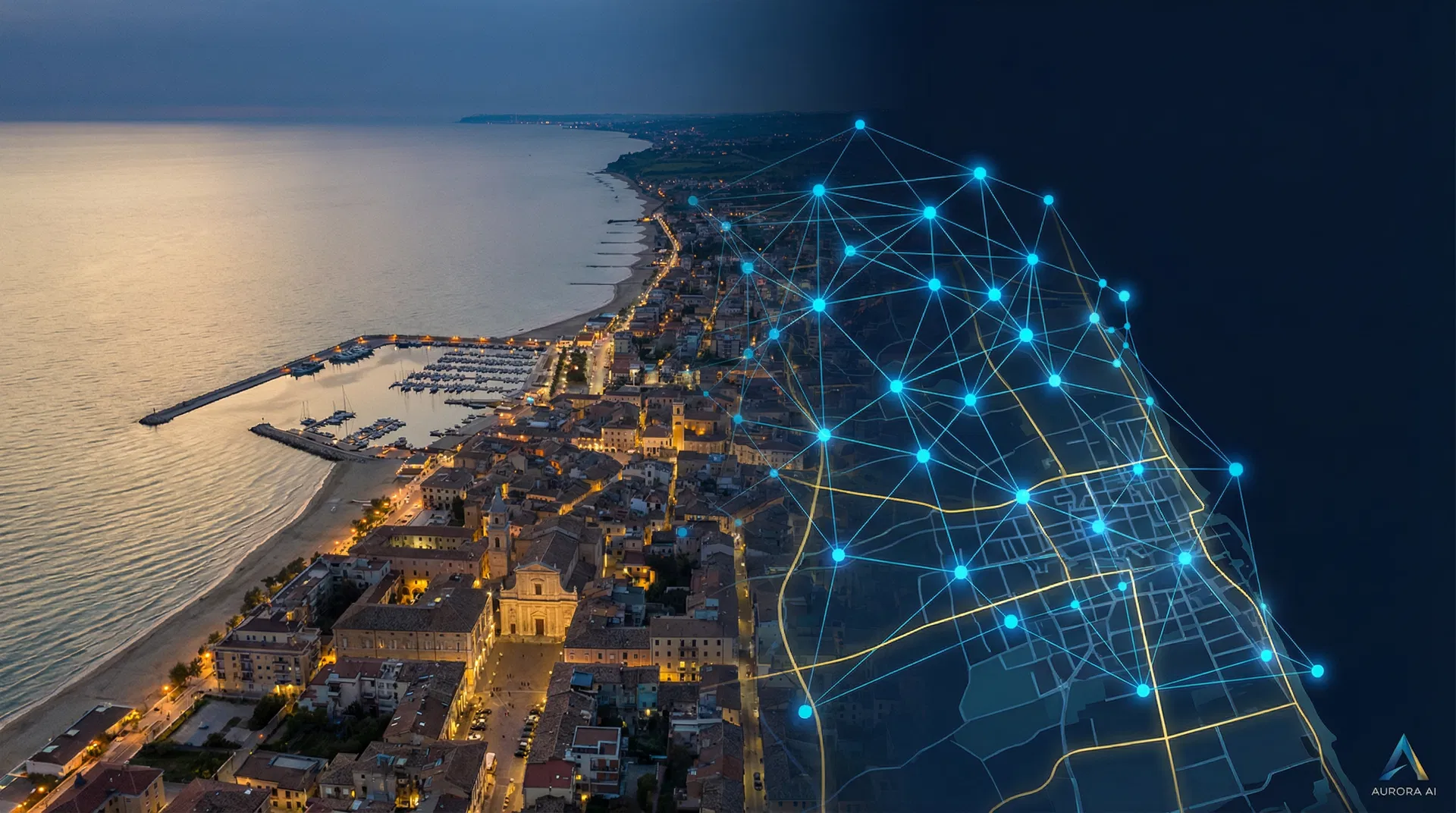 Civitanova Marche vista aerea con rete digitale AI
