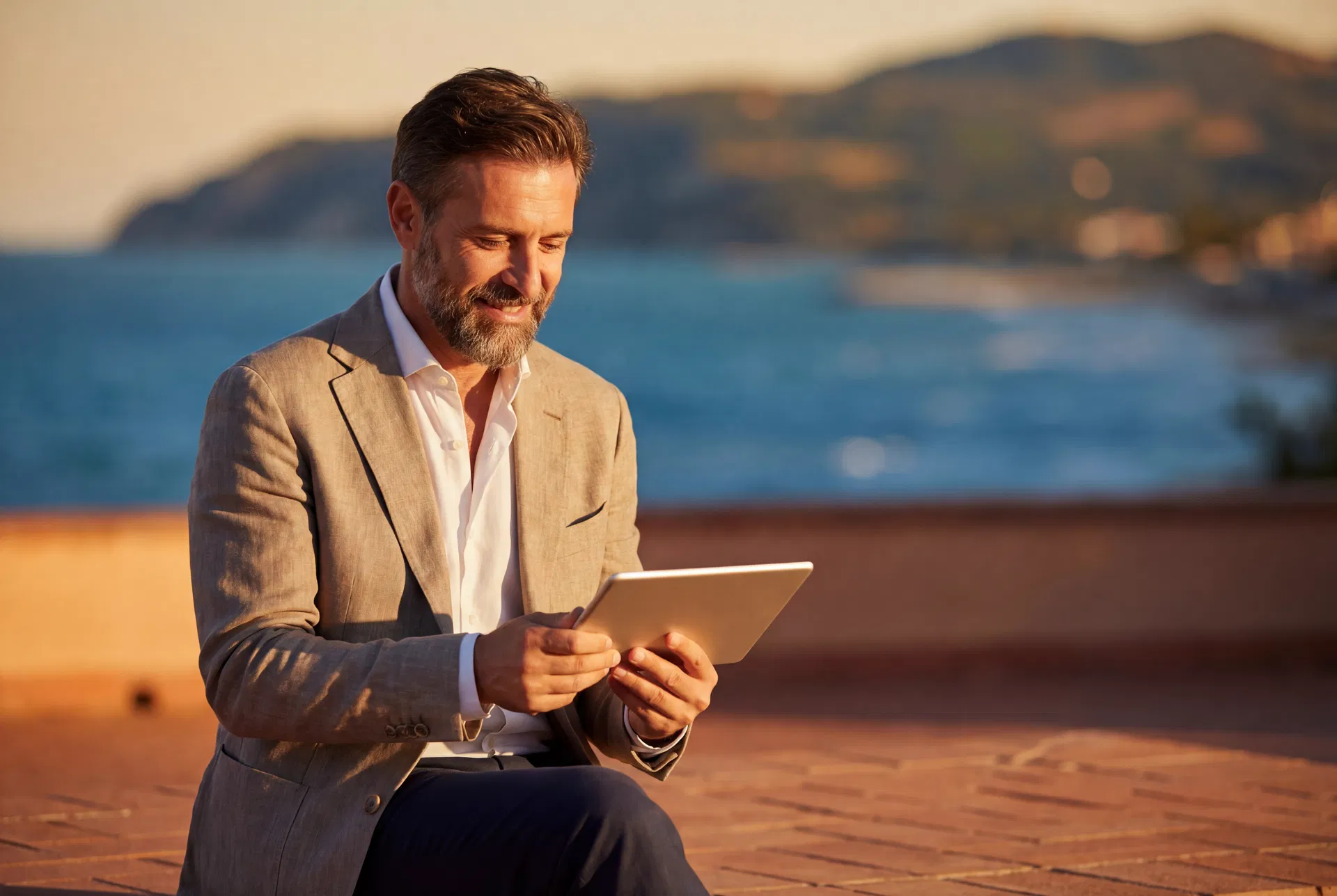 Imprenditore locale con tablet sul mare di Senigallia