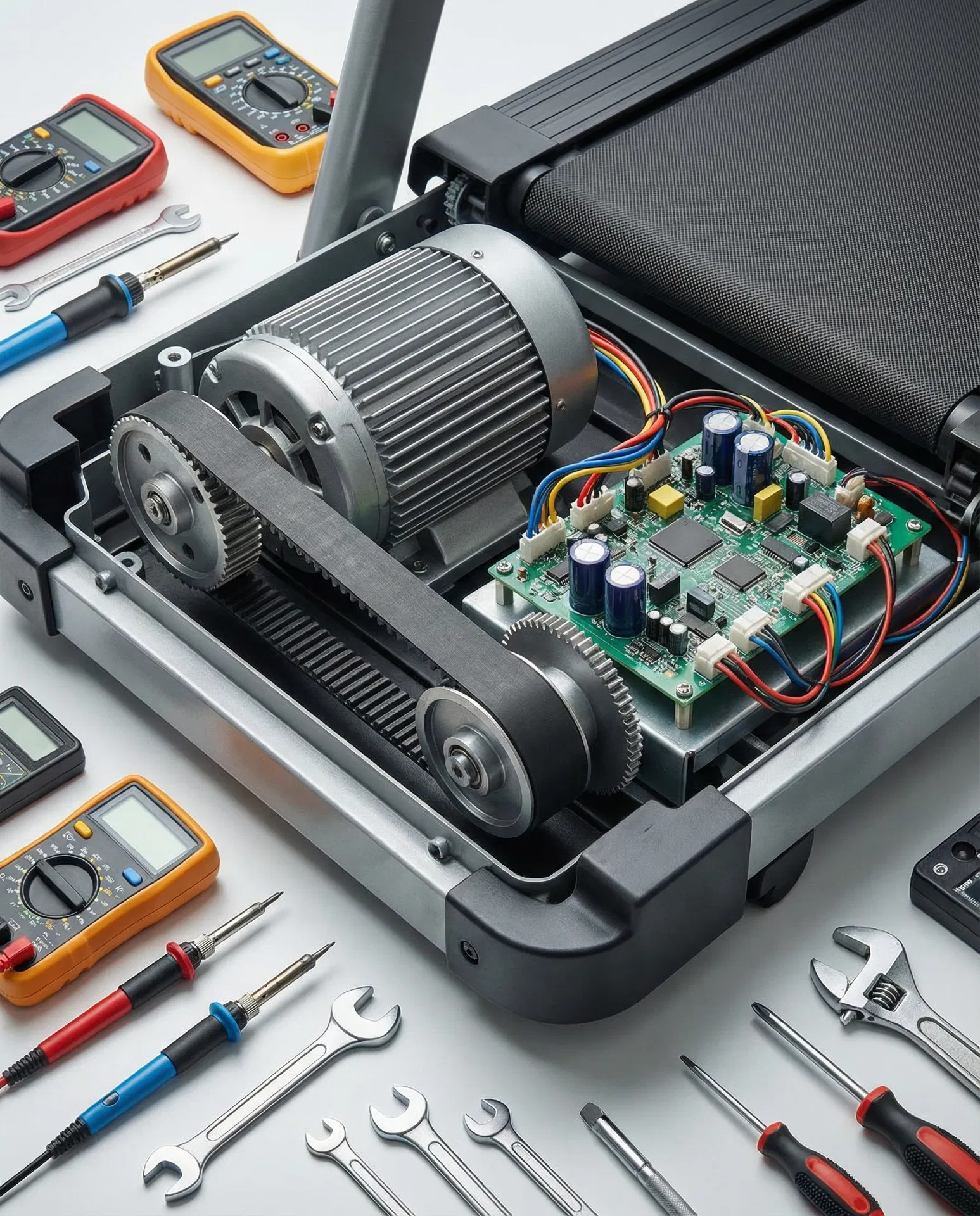 Close-up of treadmill motor and components being repaired
