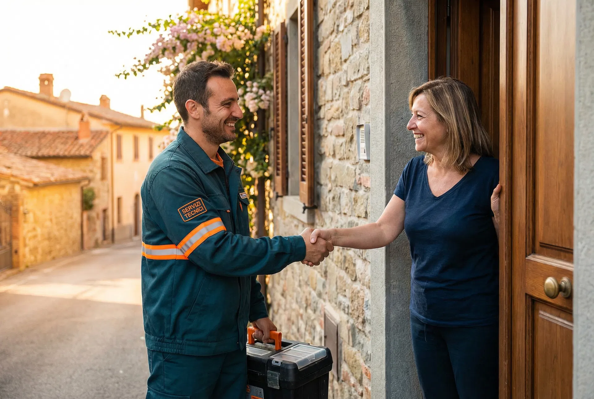 Tecnico Alex Pronto Intervento accoglie un cliente alla porta