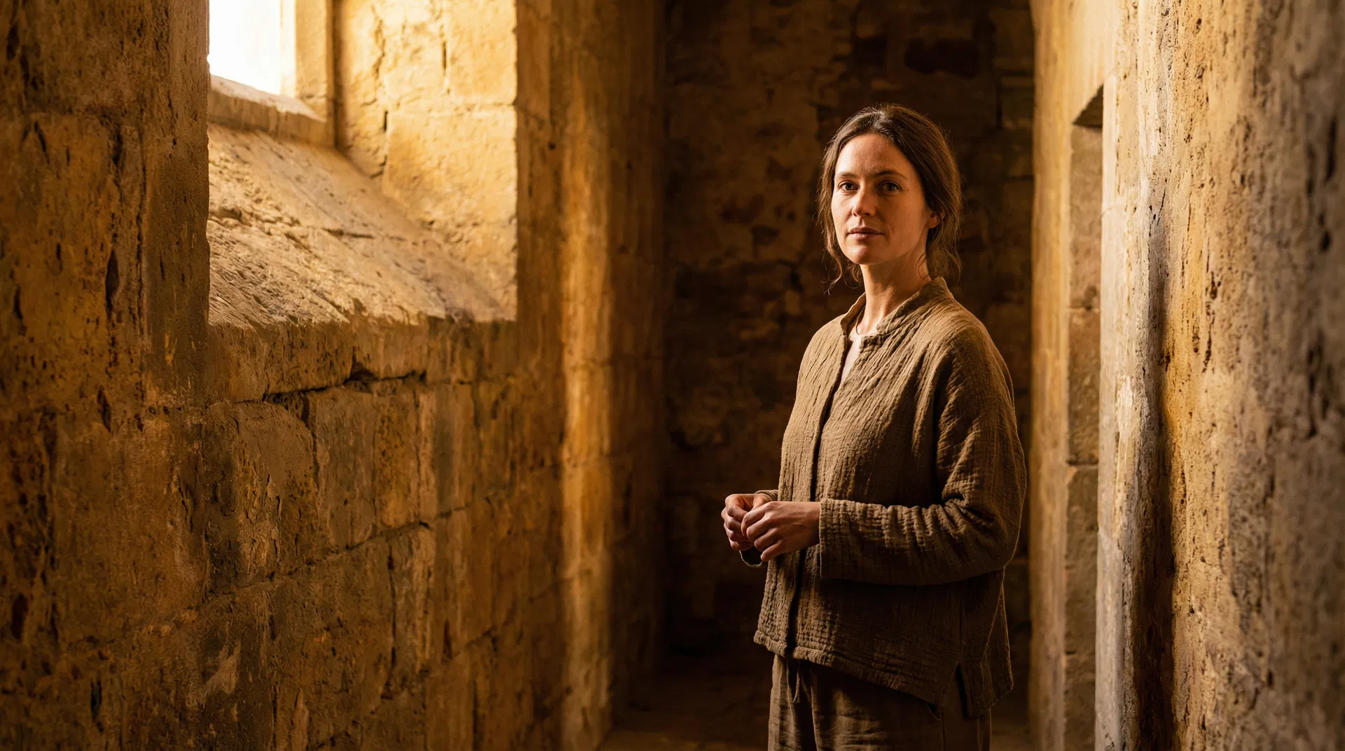 A woman standing in a stone corridor with composed, direct authority — neither aggressive nor passive