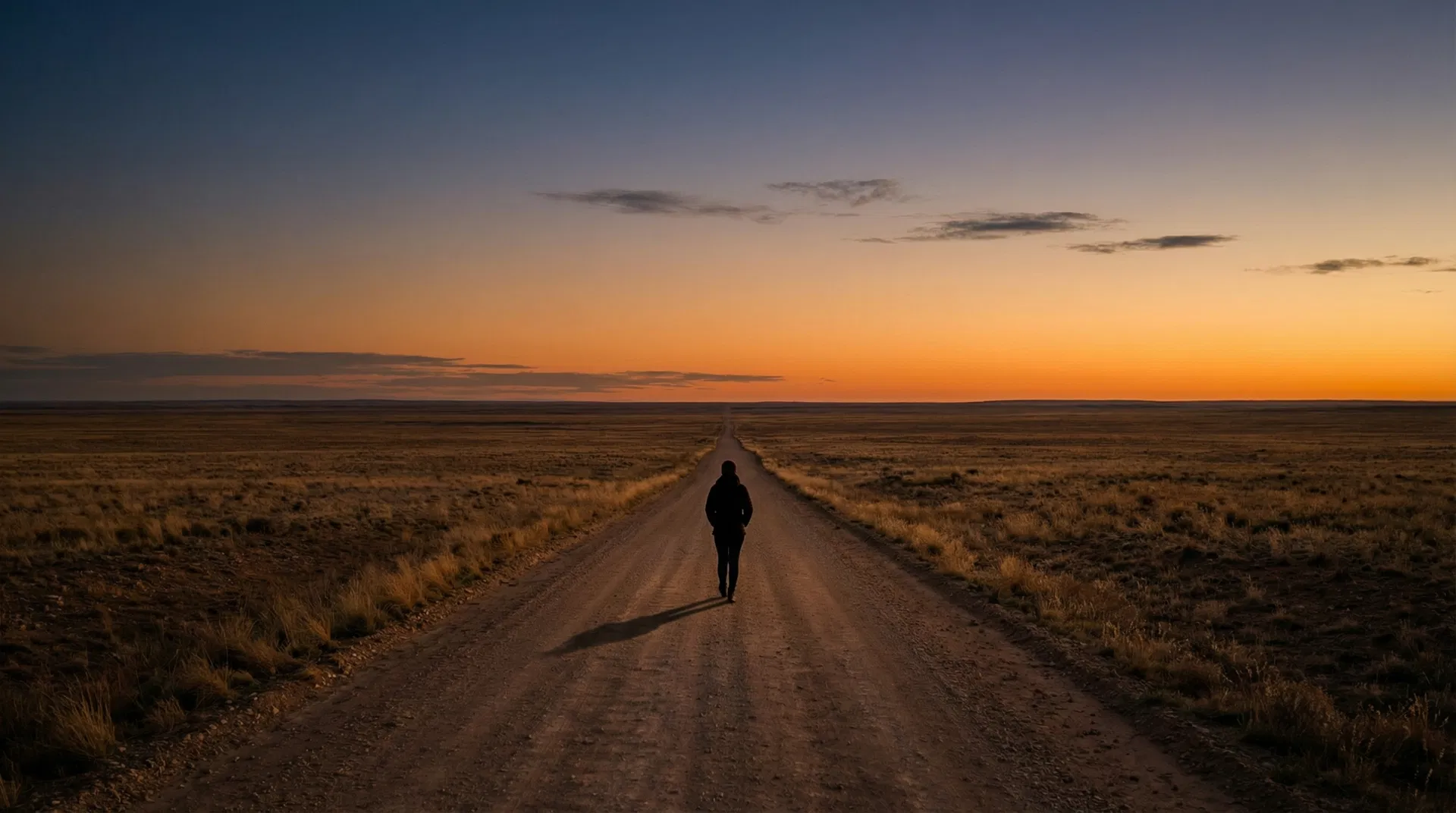 A lone figure walking down a dirt road at dusk, silhouetted against a wide amber sky — the space between what was and what is coming