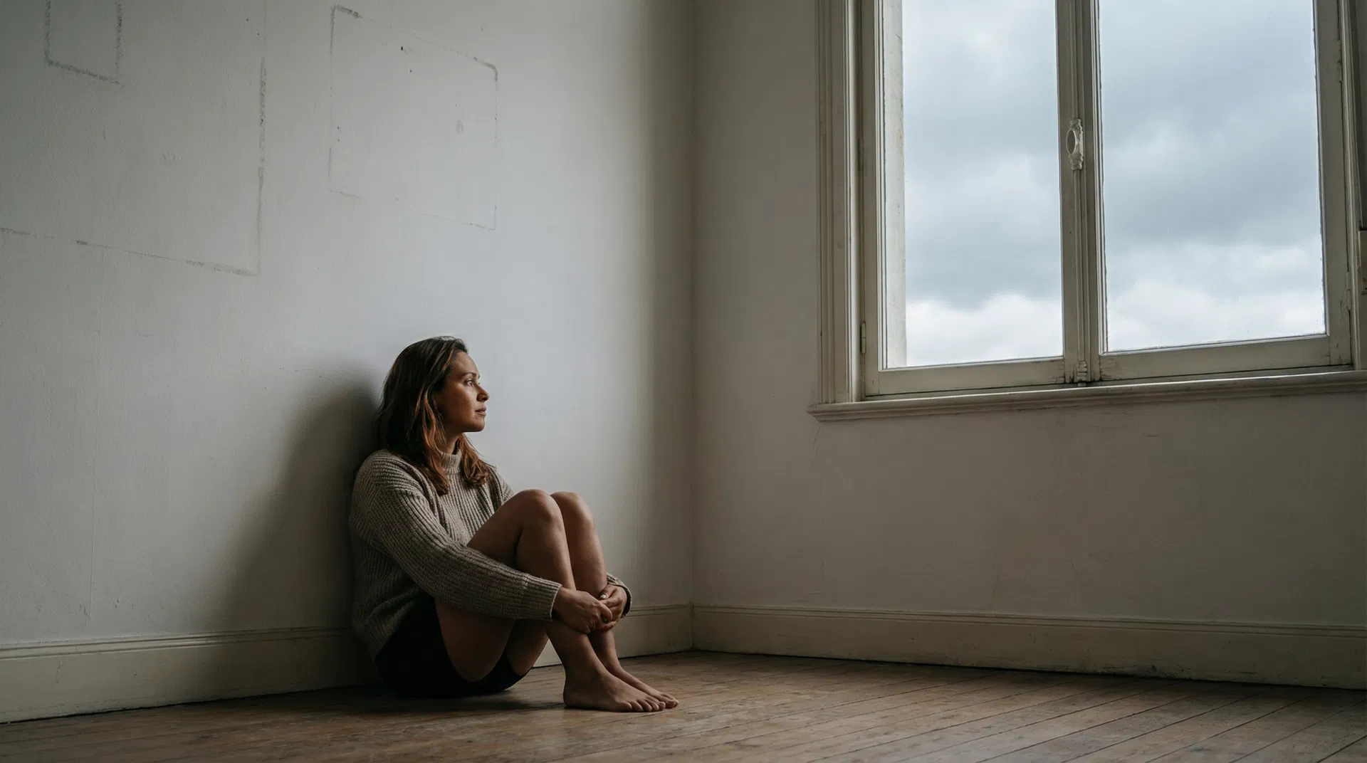 A woman sitting alone on the floor of an empty room, back against the wall, looking out at an overcast sky — the disorientation of a season that has ended before the next one has begun