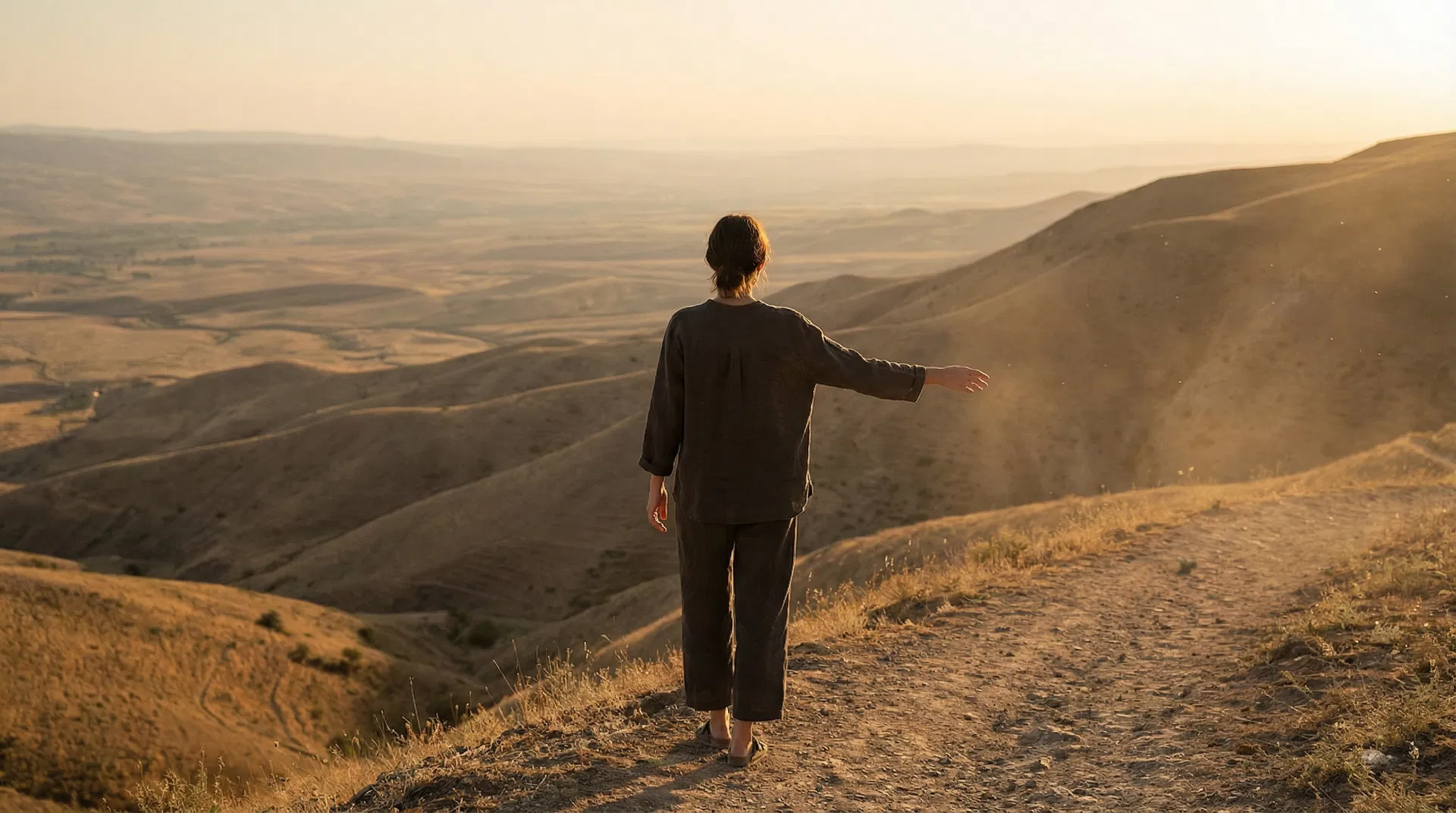 A woman standing at the edge of a ridge at golden hour, wide valley below, dark linen, one arm extended toward the landscape — purposeful forward movement from a settled place