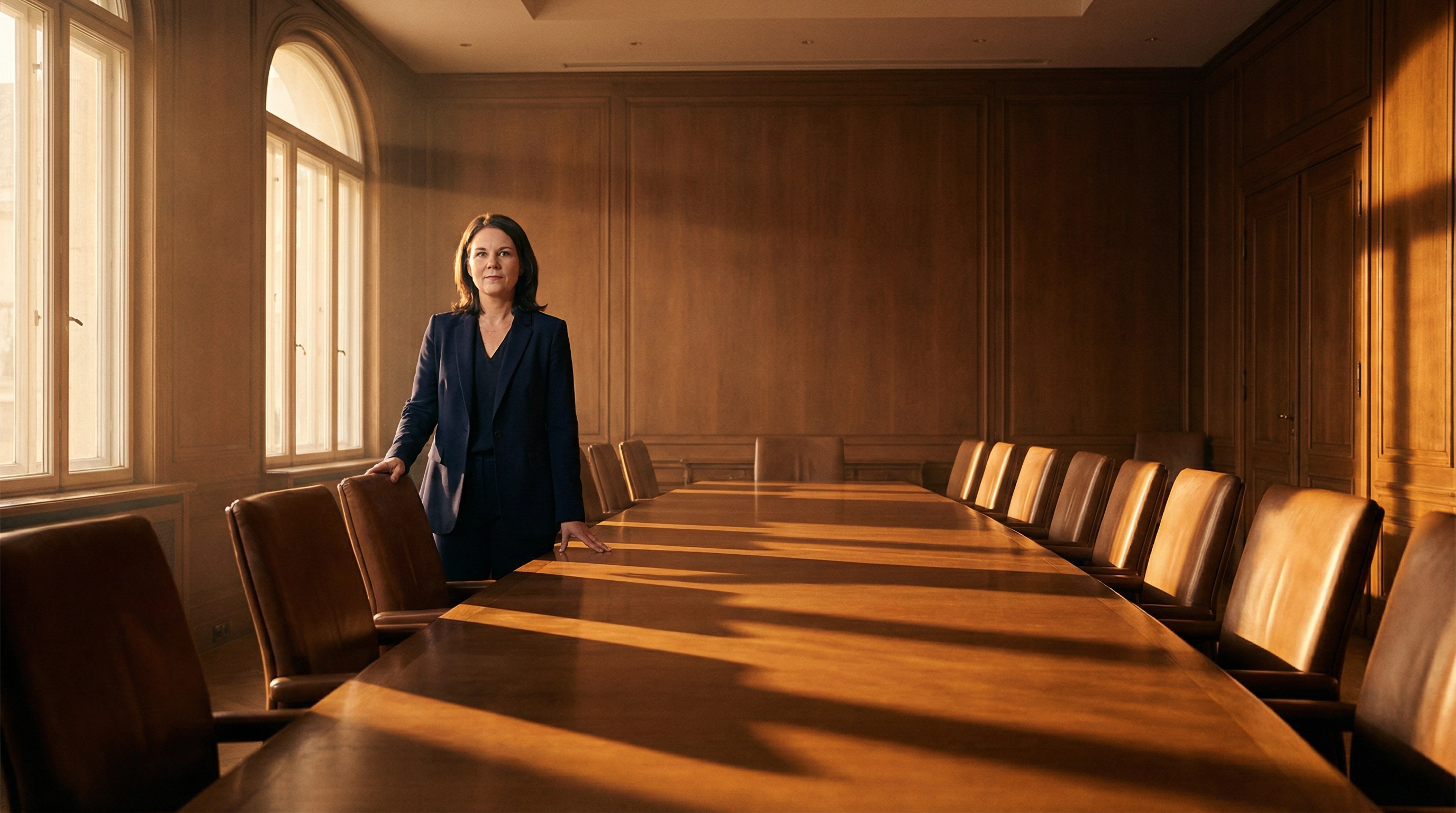 Woman standing at the head of a long conference table, empty chairs receding, warm amber light through tall windows