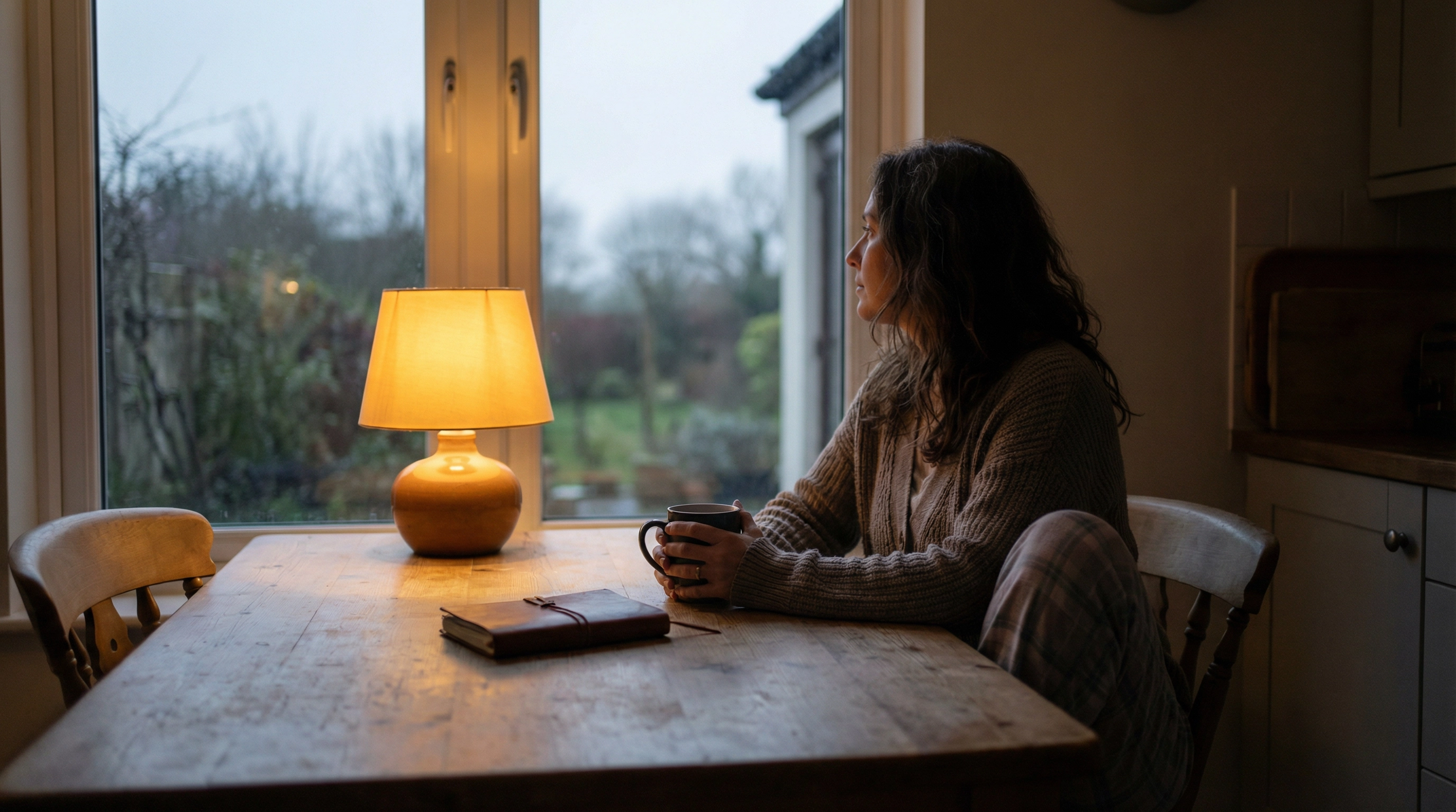 Woman at a kitchen table in early morning, hands around a coffee mug, looking out at a grey dawn sky