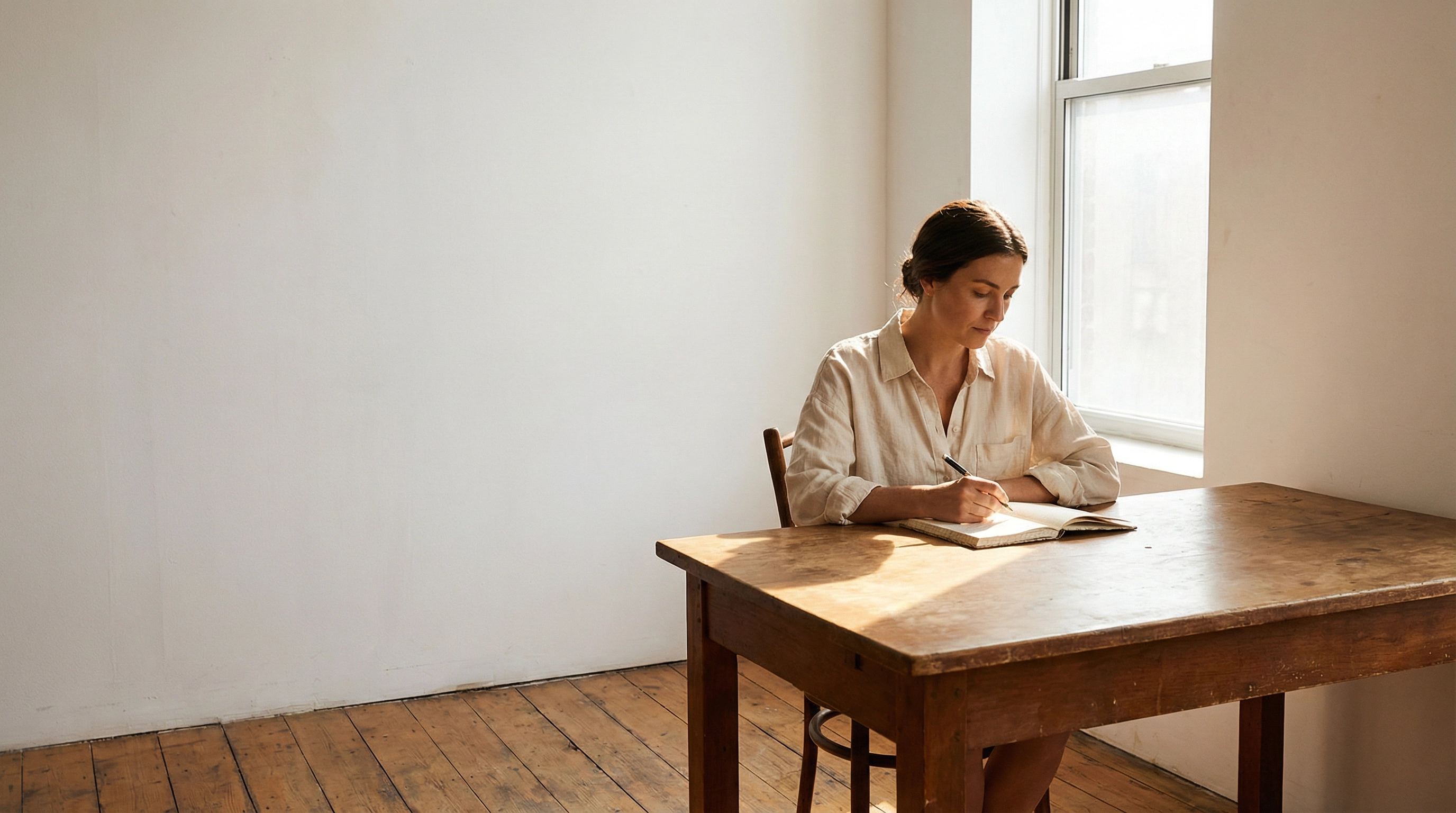 Woman alone at a sparse wooden desk writing by hand, warm morning light, no credentials on the wall