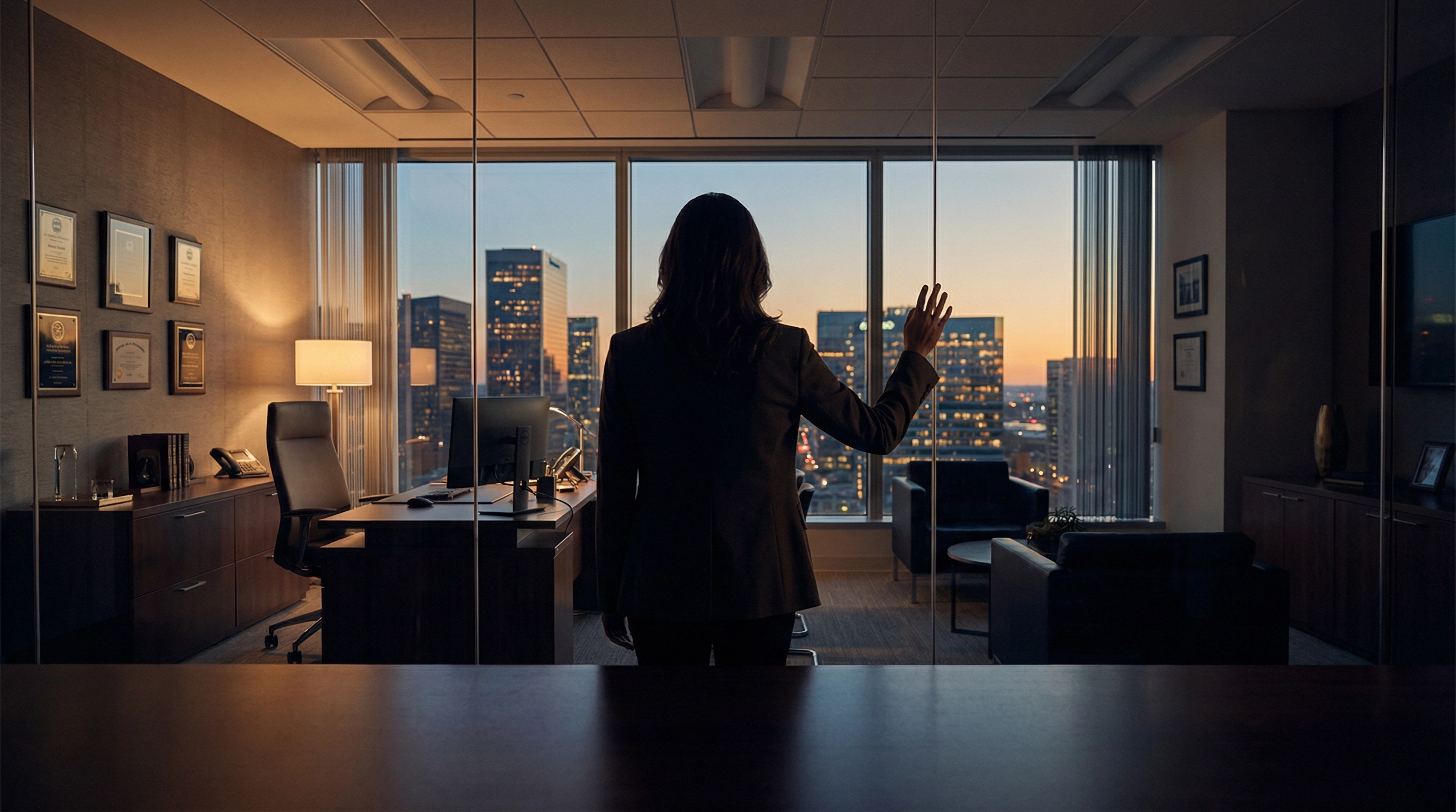 Woman alone in a successful office at dusk, back to camera, hand on the glass, city skyline behind her — the weight of a business she built
