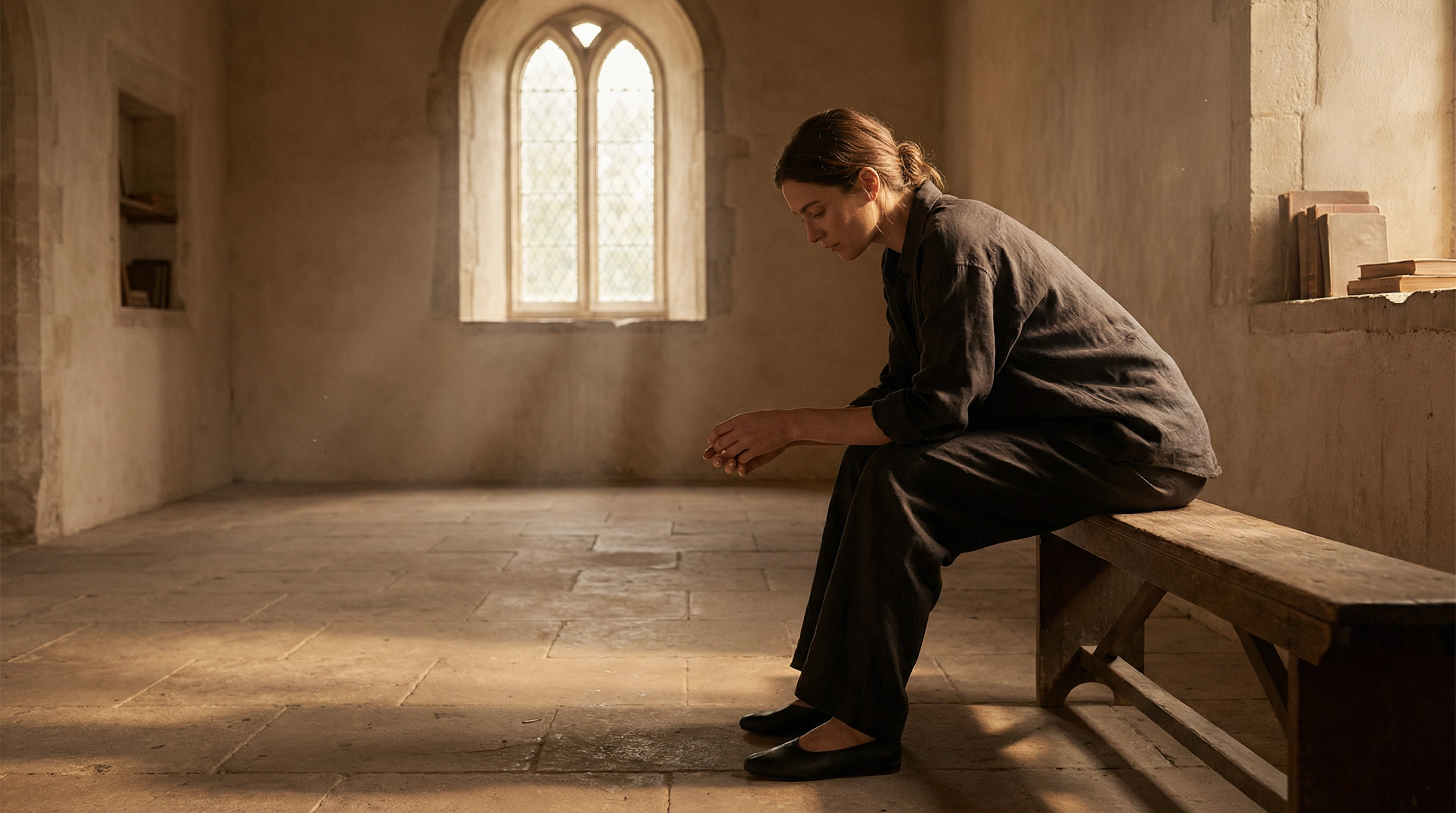 Woman sitting alone on a wooden bench in a stone chapel, elbows on knees, hands loosely clasped, head bowed — the posture of someone who has finally stopped running