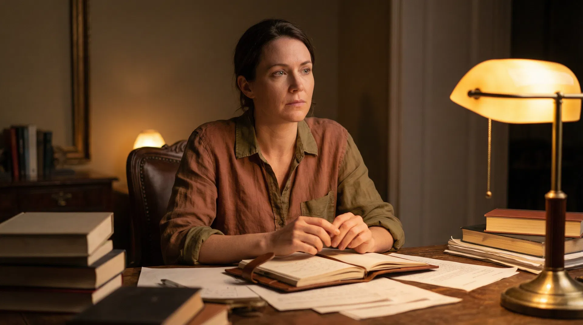 A woman alone at a worn wooden desk in warm lamplight — the internal weight of the Egypt stage in leadership formation