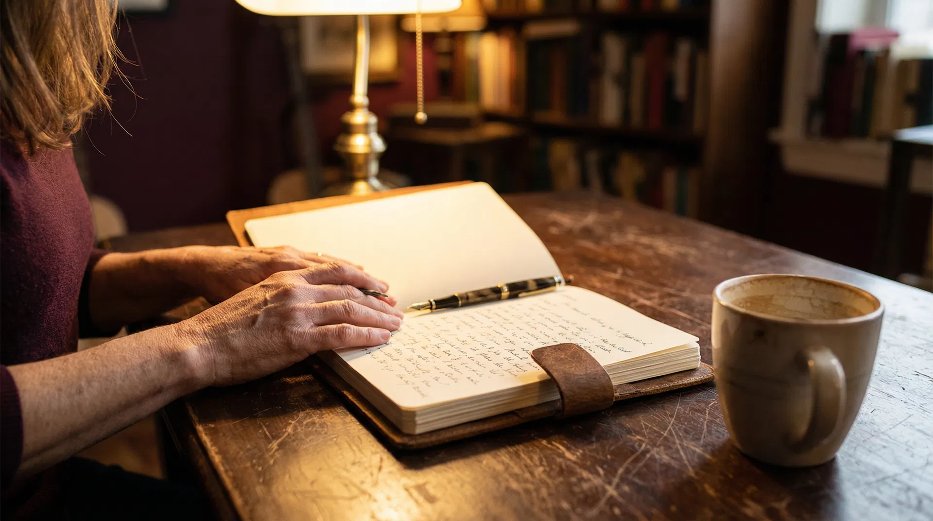 A woman's hands resting on an open journal in warm lamplight — the moment of recognition in an Egypt season