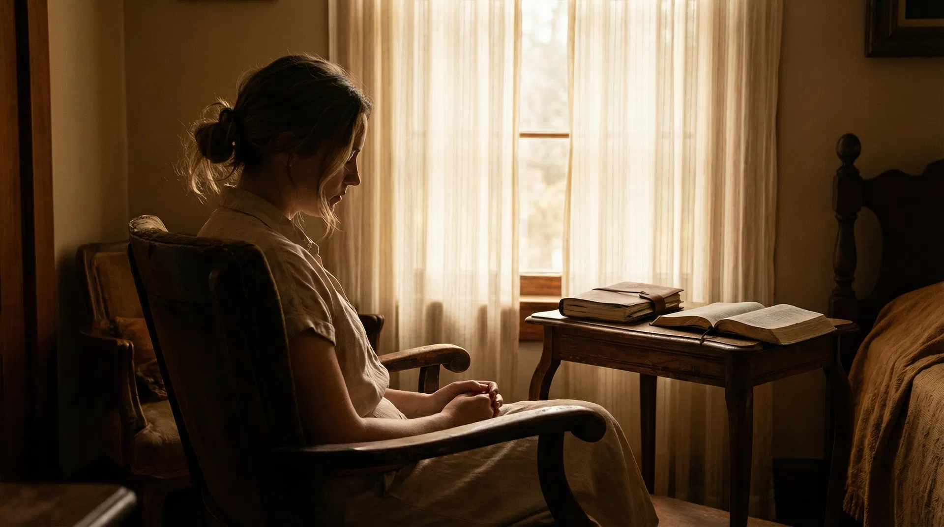 A woman seated in stillness by a window with soft morning light — the interior quiet of the Chrysalis stage