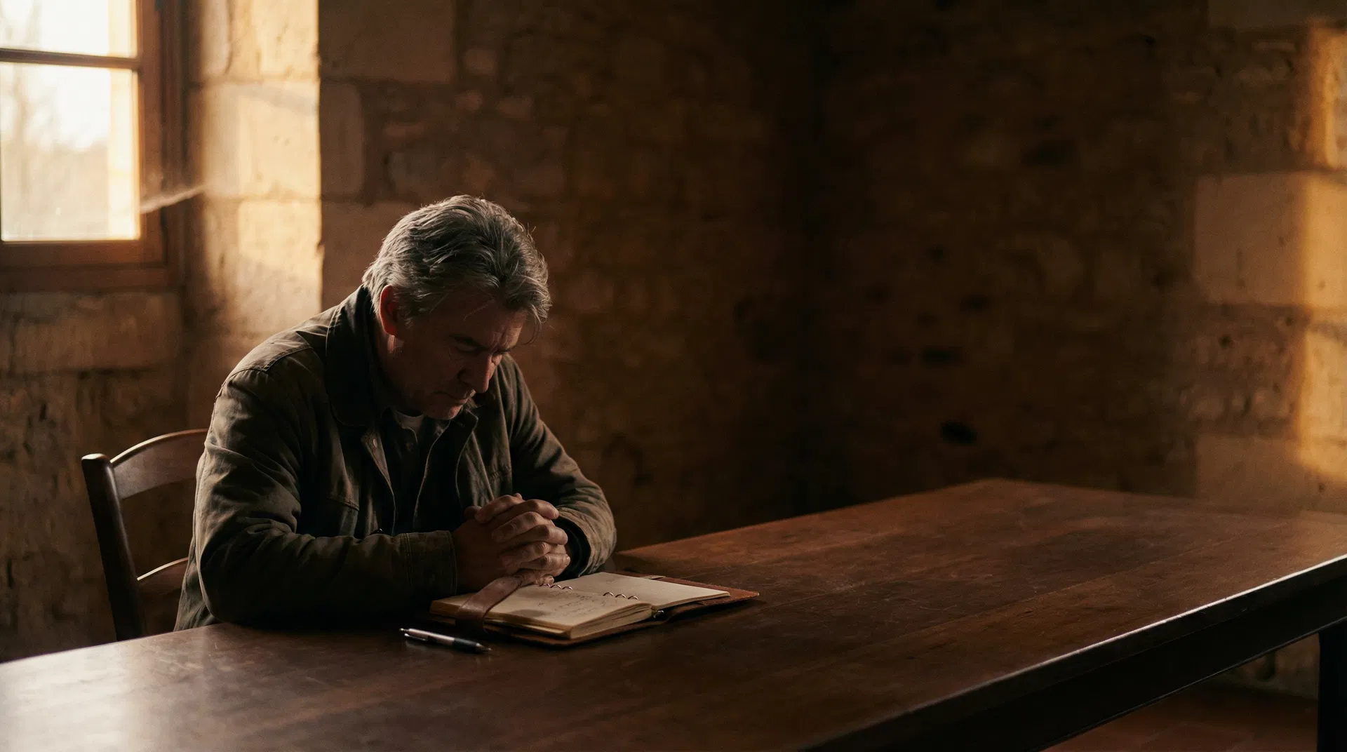 A leader seated alone at a long wooden table in quiet reflection — the posture of someone examining their operating system
