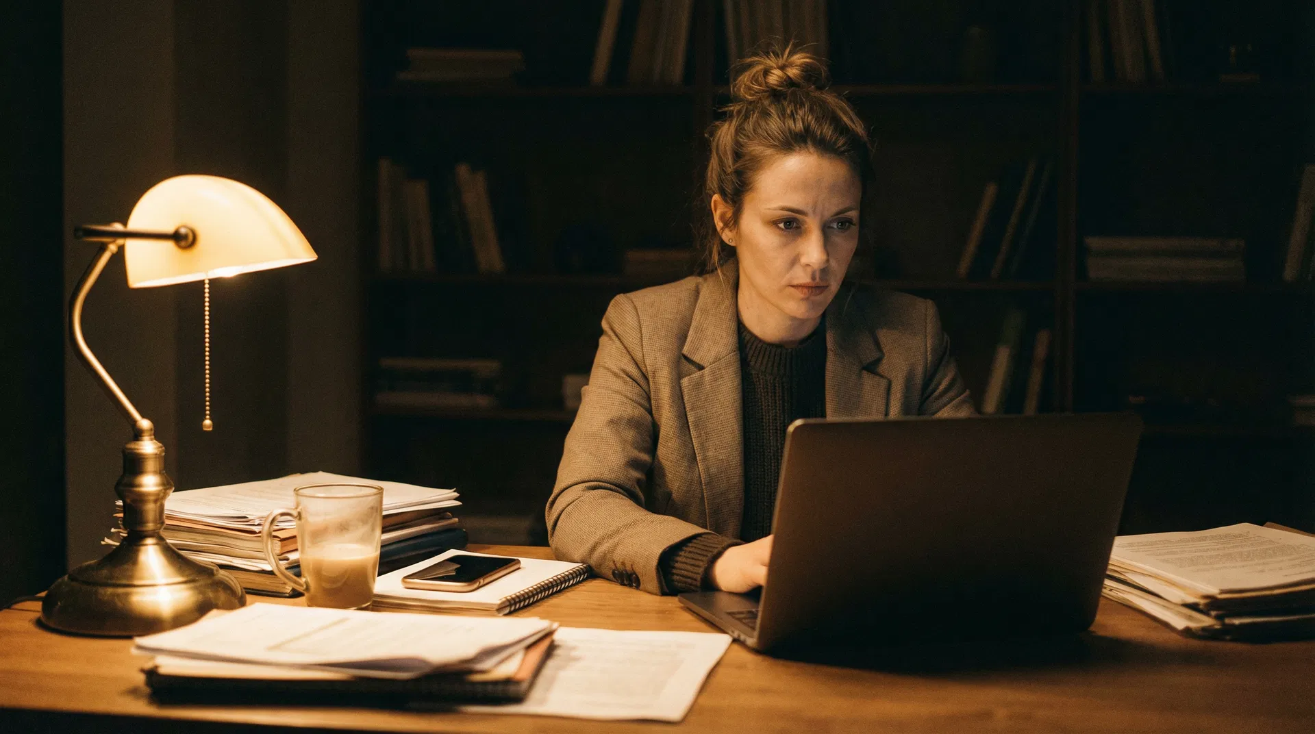 A woman working alone at a desk late at night — composed, focused, still going