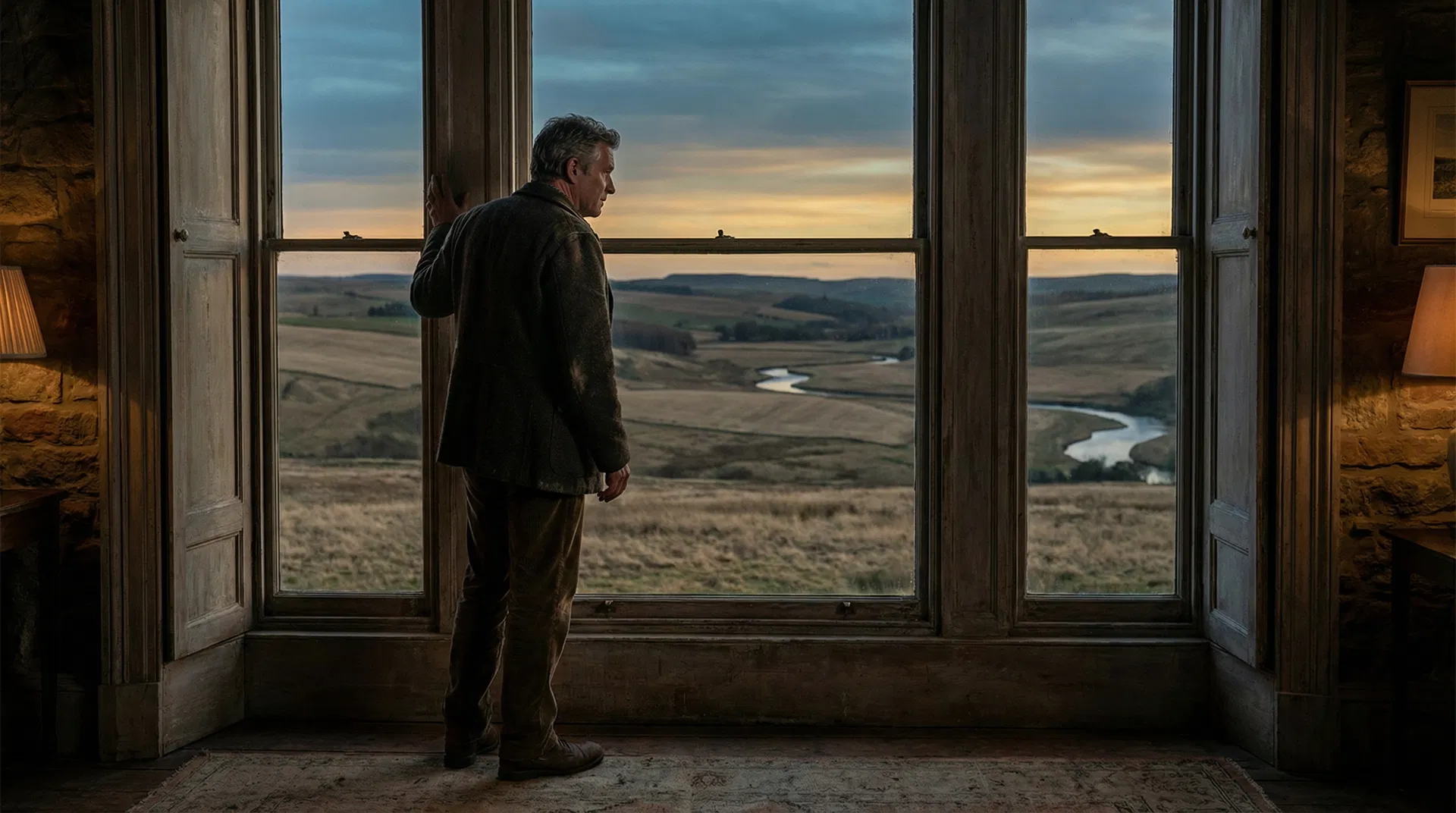 A man standing at a tall window at dusk, looking out over open fields — the posture of a leader learning to stand down