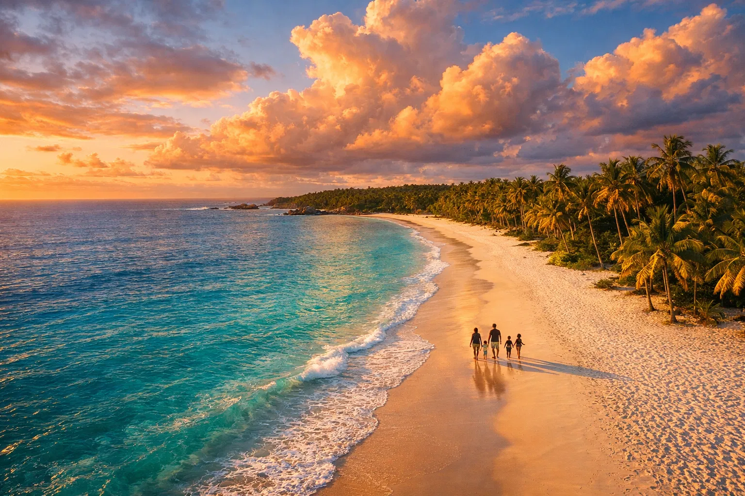 Família na praia tropical
