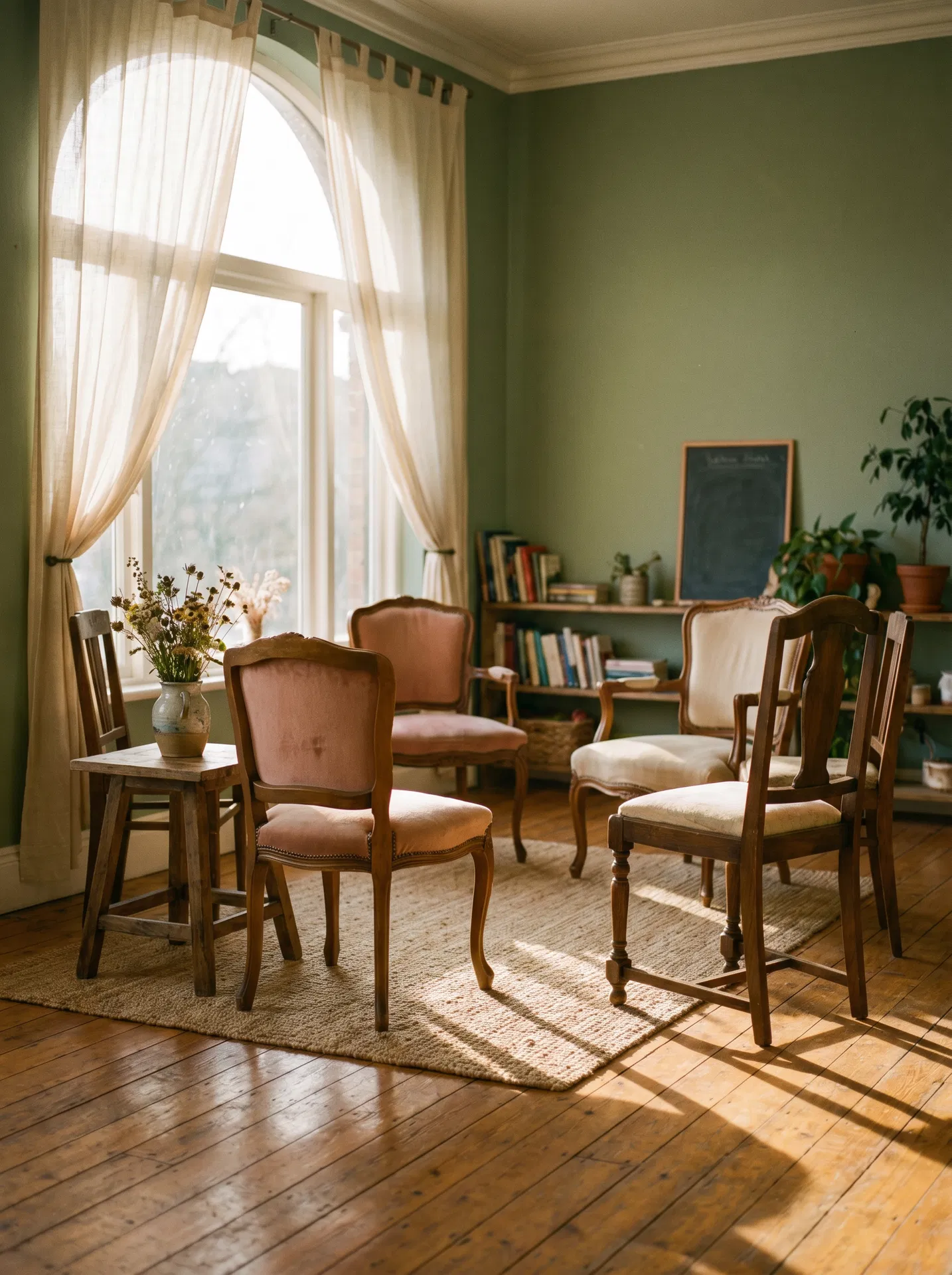 A sunlit community classroom with vintage wooden chairs arranged loosely around a jute rug
