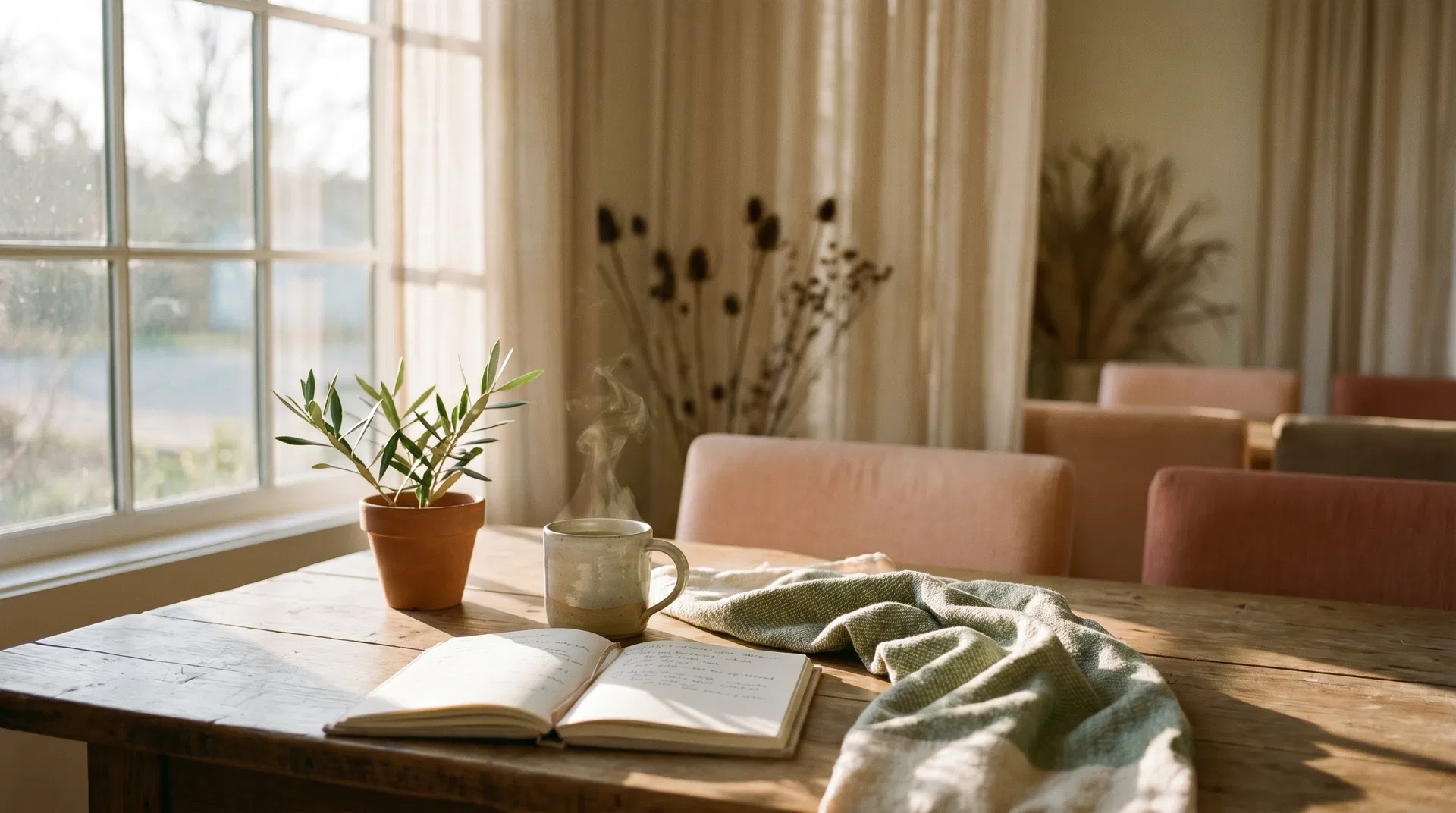 A calm community gathering space with warm light, a ceramic mug, and a small olive branch