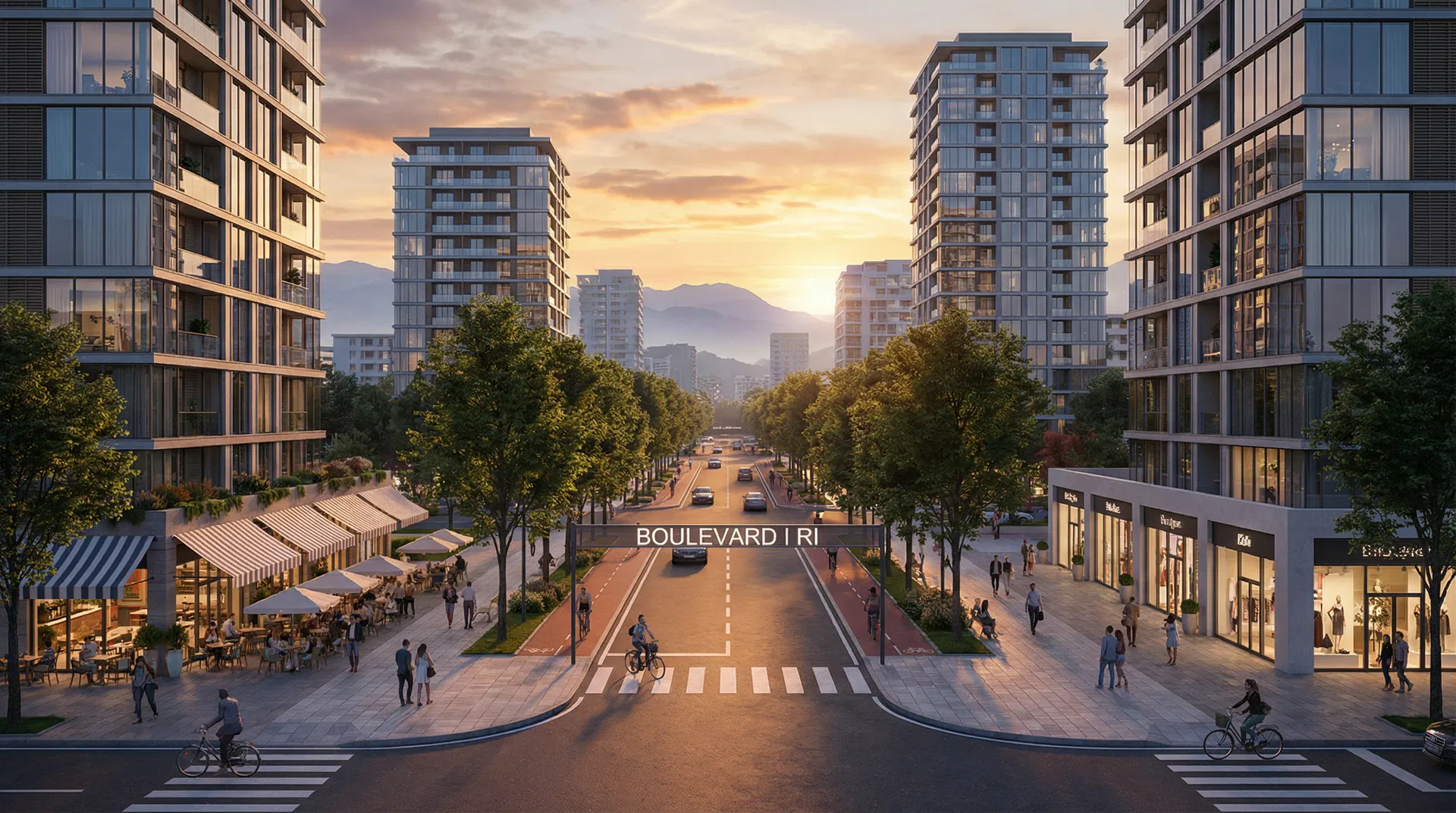 Boulevard I Ri street view — Modern urban living at sunset