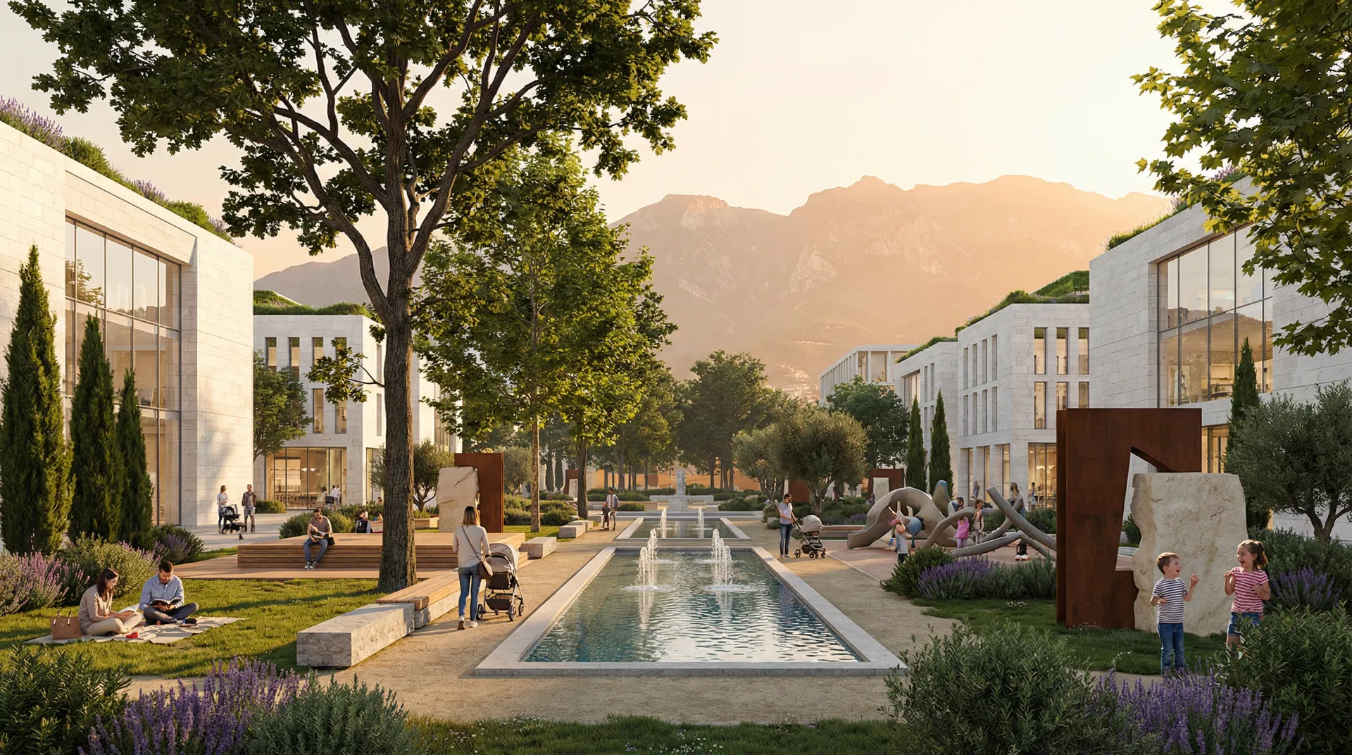 Dhoma urbane e jetesës me shatërvanë dhe art në Bulevardin e Ri, Tiranë