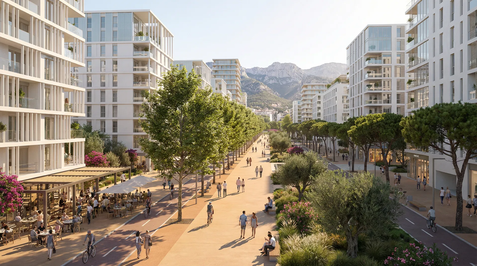 Perspektiva e Bulevardit të Ri në Tiranë me kafene dhe pemë