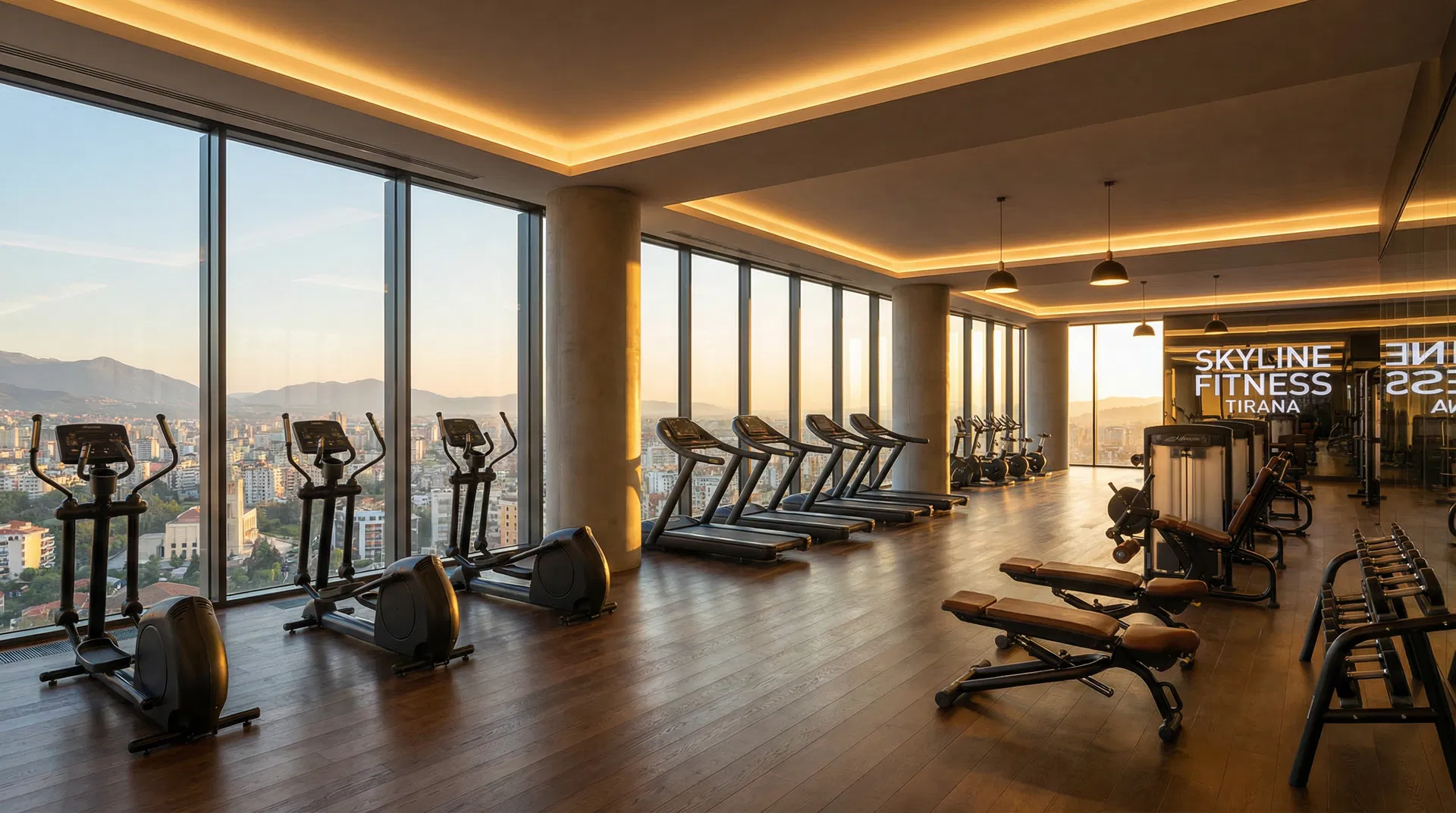Gym me pamje panoramike mbi Tiranën — Altura Trade Center, apartamente të reja në shitje
