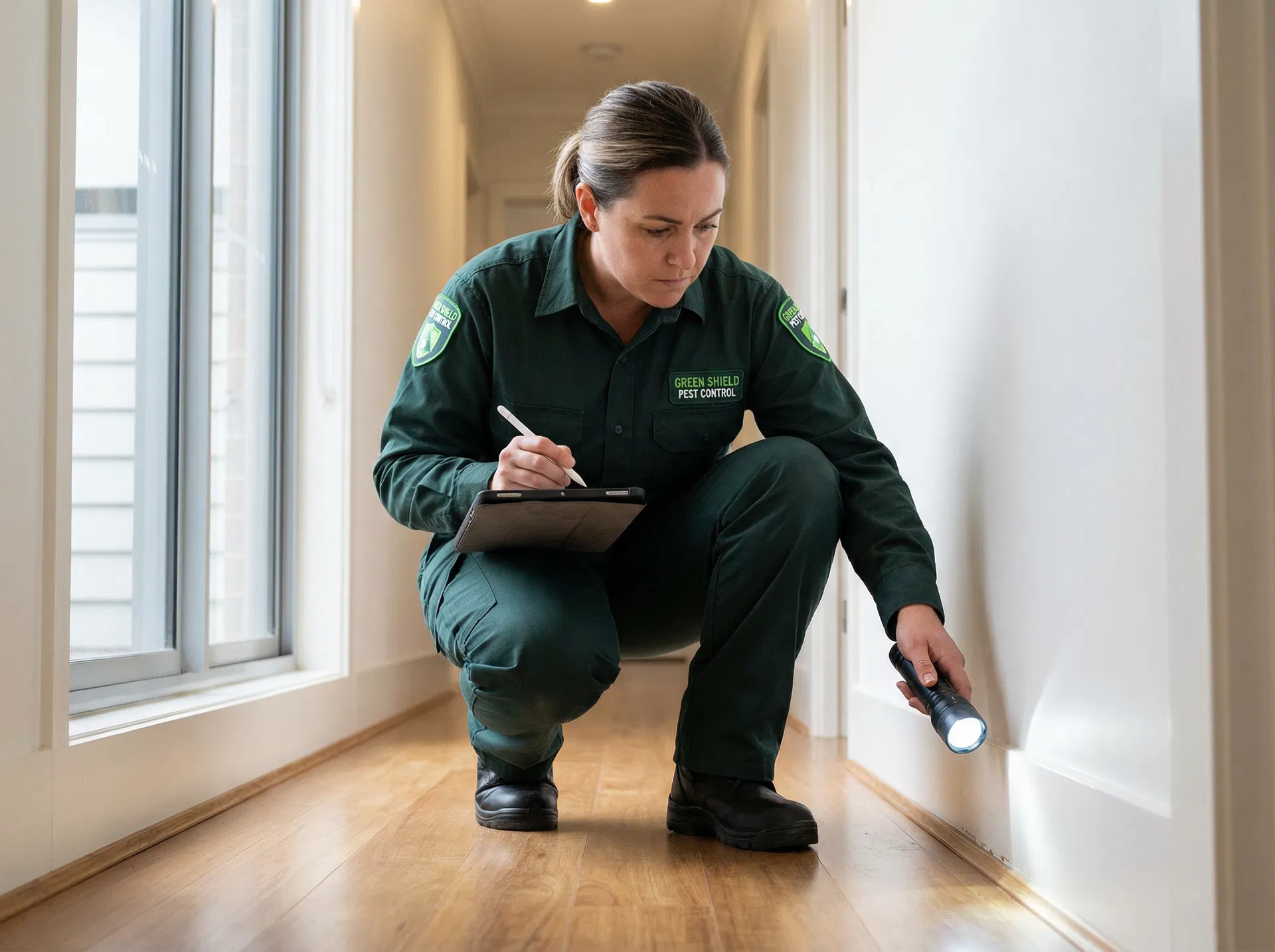 Pest control technician conducting a thorough inspection