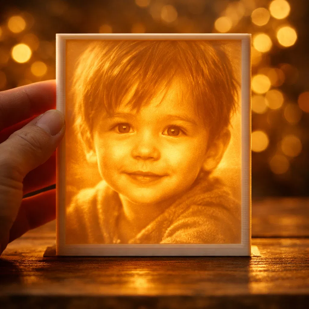 3D printed lithophane photo glowing with warm light