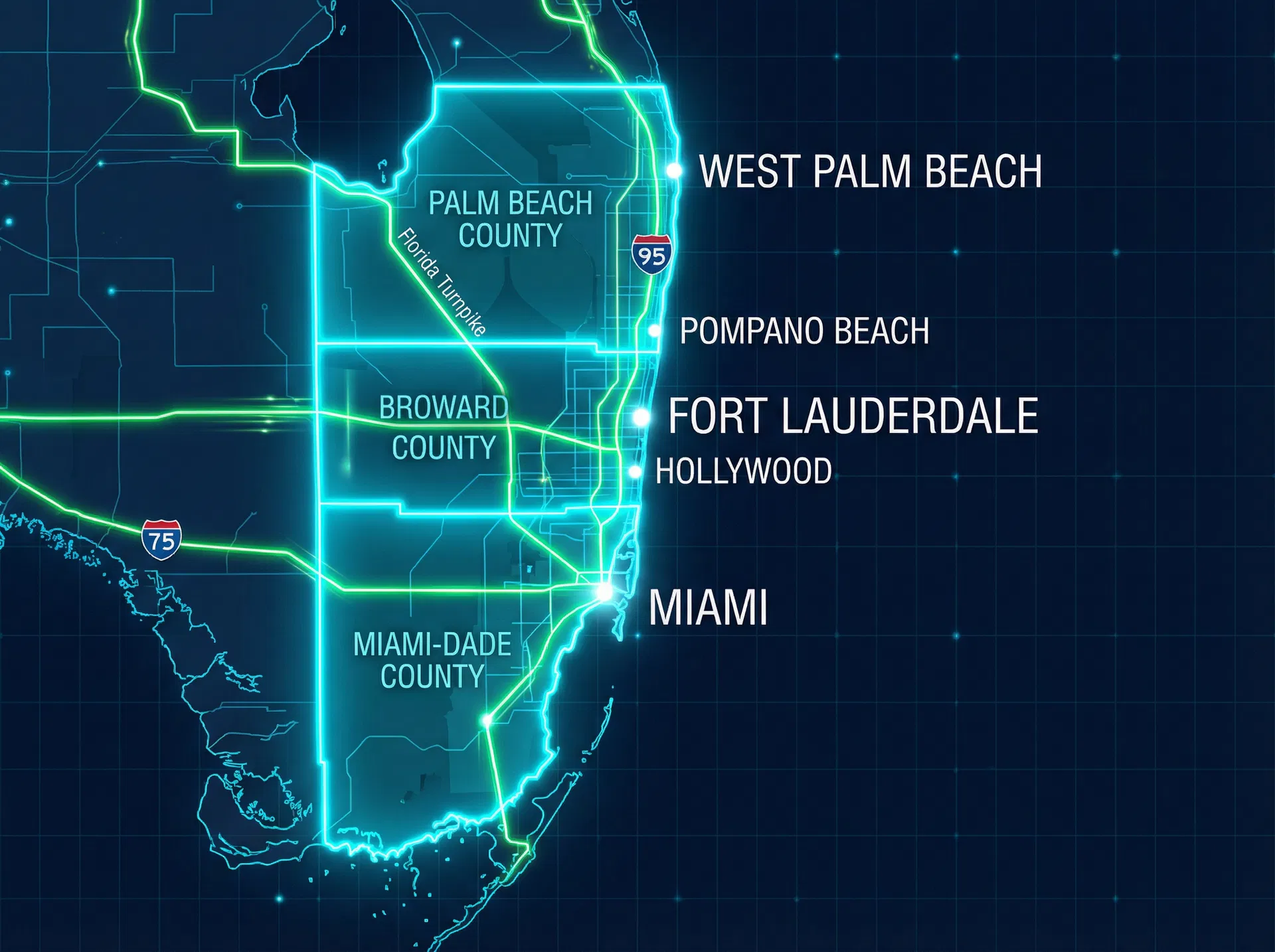 Rapid Charge EV service area map — Broward, Miami-Dade, Palm Beach