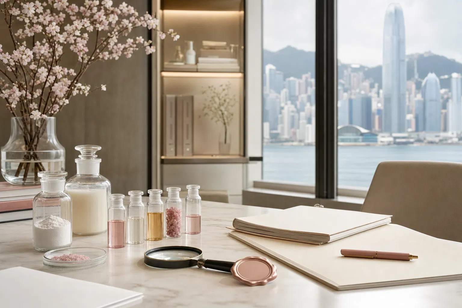 Premium Hong Kong office table with cosmetic ingredient samples