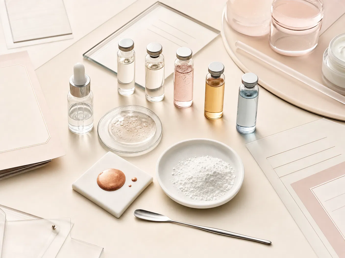 Cosmetic active ingredient vials and formulation dossier still life