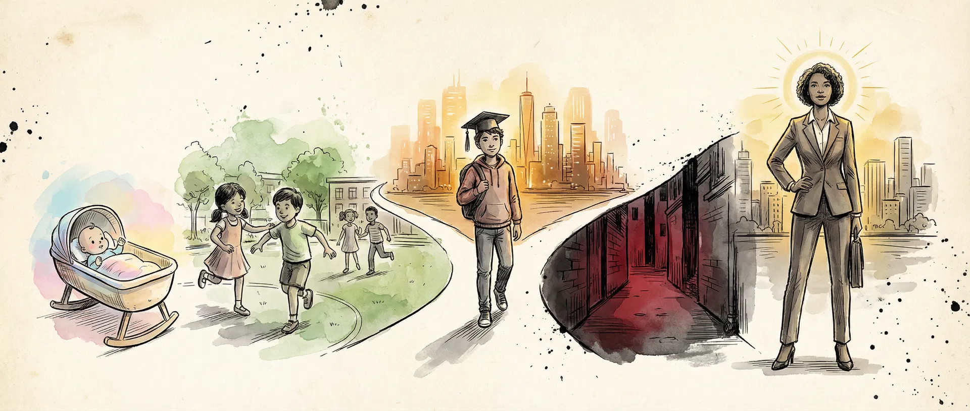 A life journey from birth to success, illustrated in watercolor