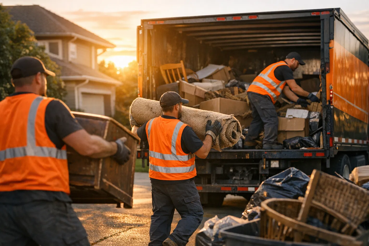 Junk removal crew loading truck
