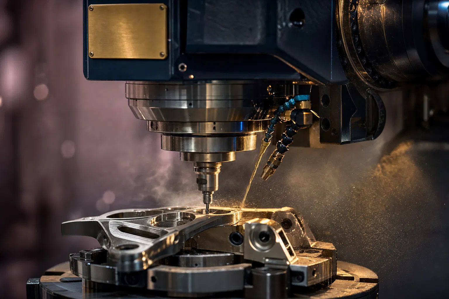 Modern HMLV manufacturing floor — orderly CNC machines, polished concrete, warm overhead light