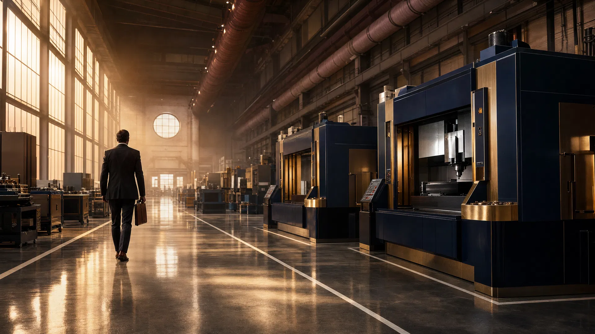 Premium industrial facility at golden hour — architecture of operational excellence