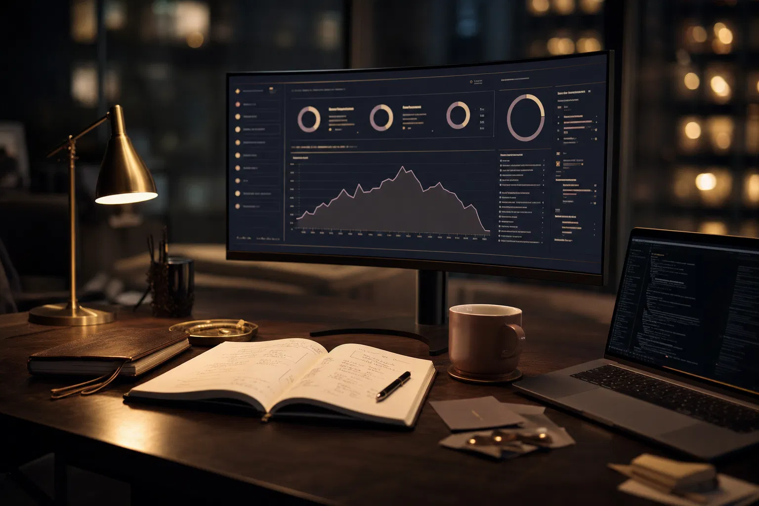 Executive consulting workspace — notebook, brass pencil, abstract grayscale layouts
