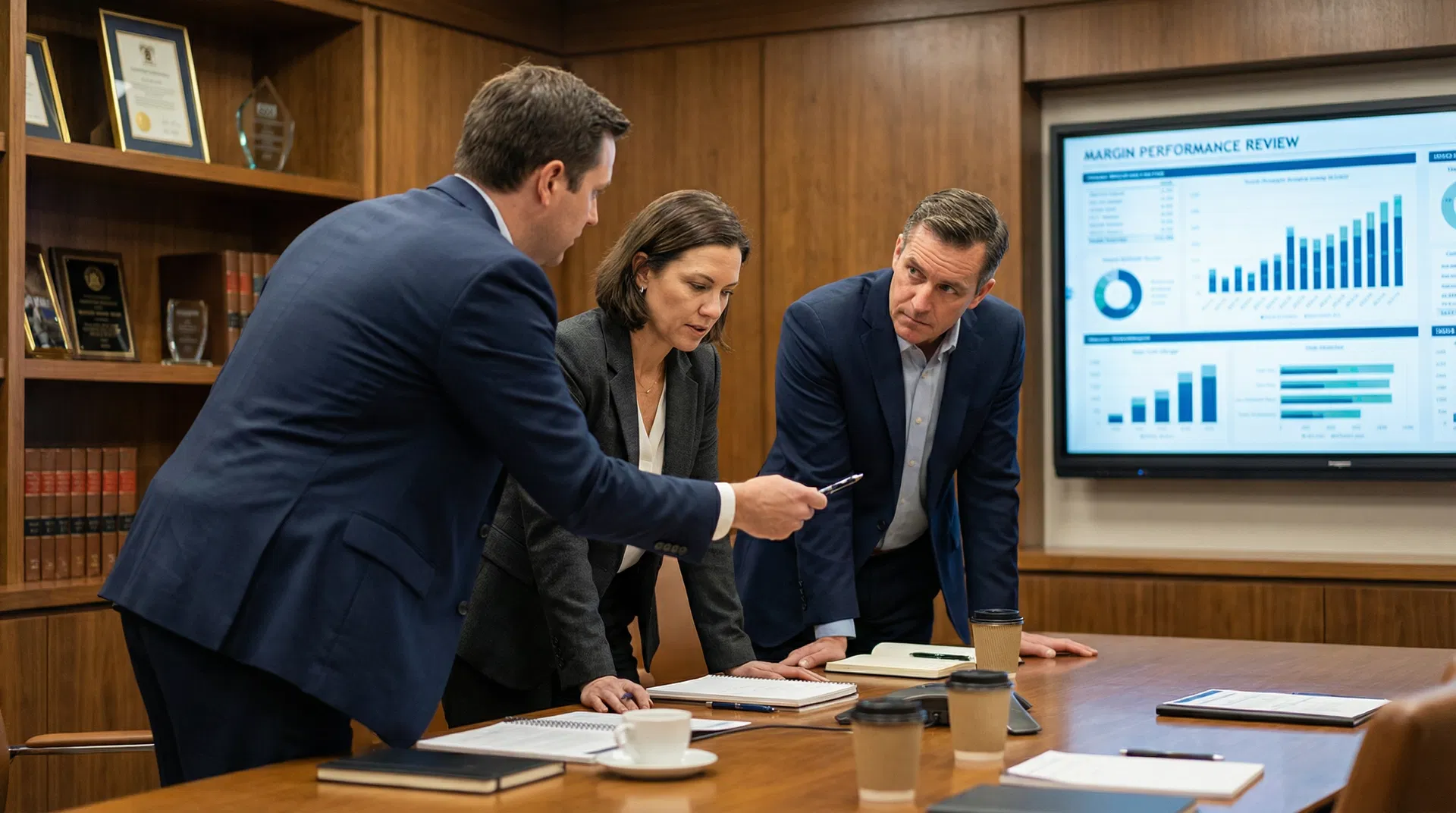 Leadership team reviewing margin performance dashboard