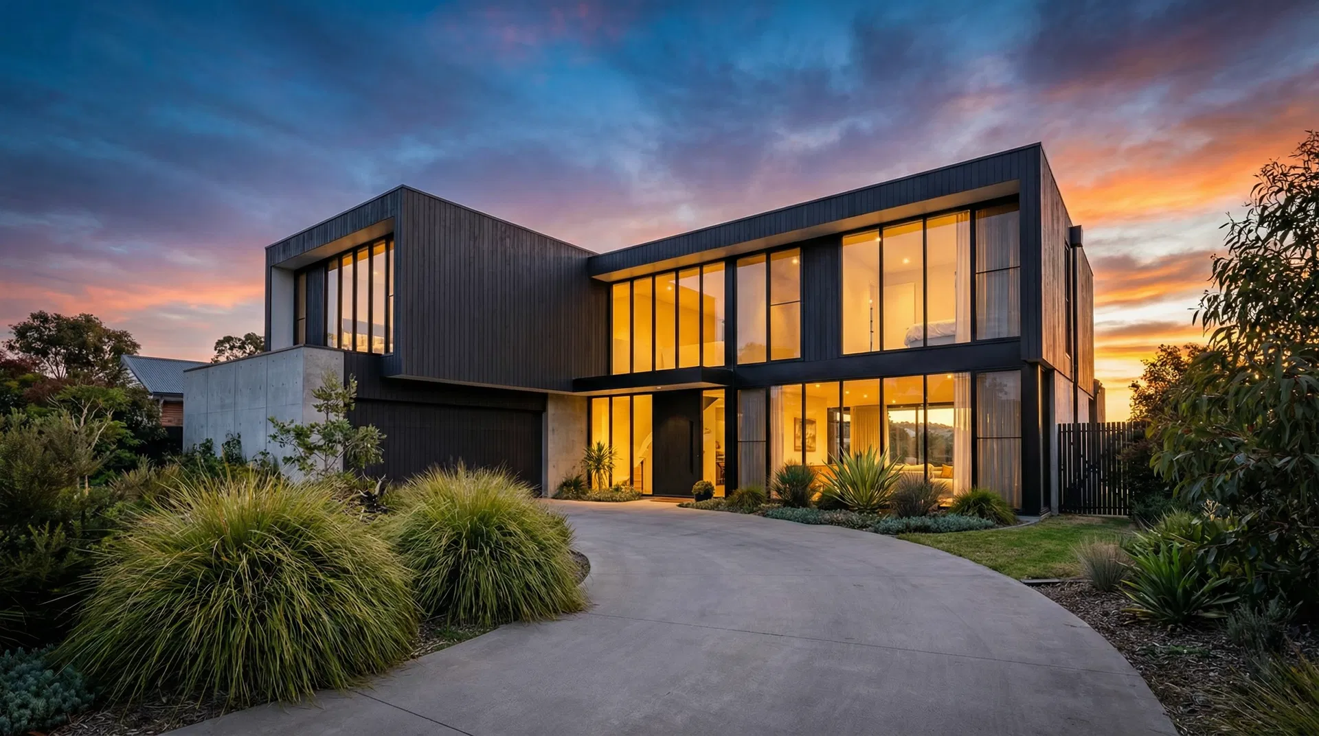 Custom home exterior at dusk