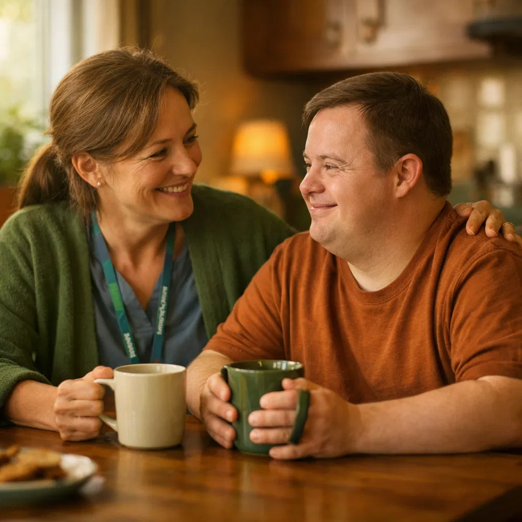 A support worker and resident sharing a warm moment at home
