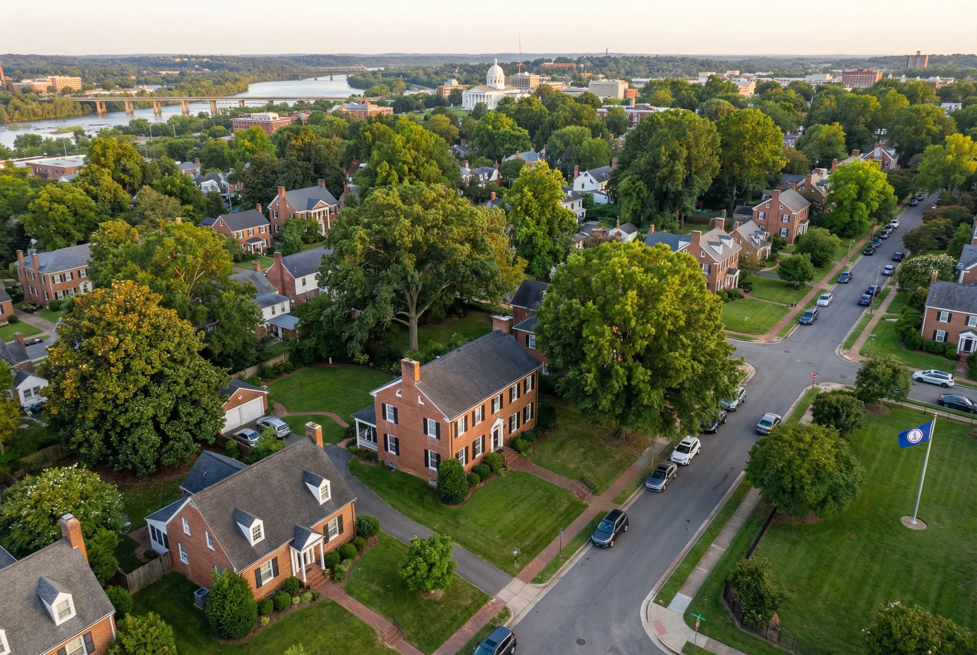 Aerial view of a brick colonial neighborhood in Richmond, Virginia