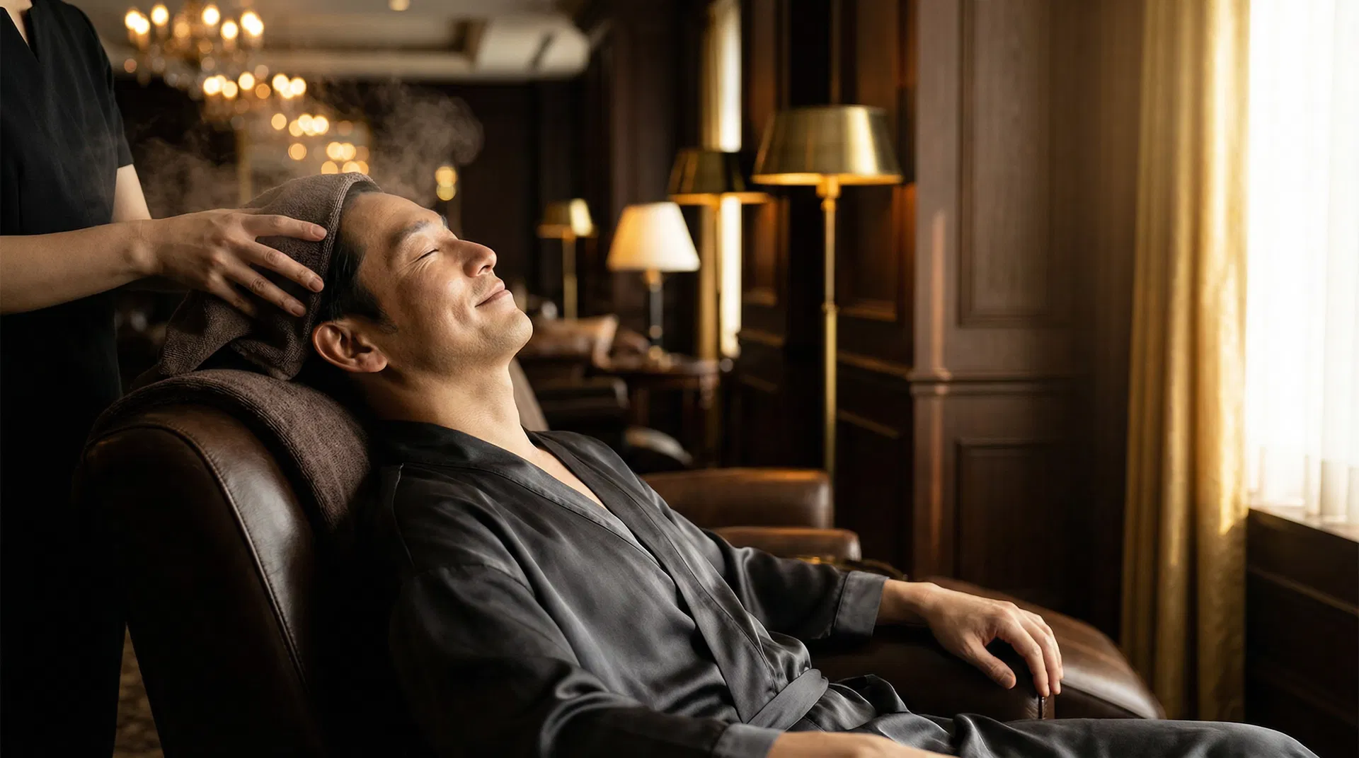 出張ヘッドスパ ご利用の流れ 男性がリラクゼーションを受けている様子