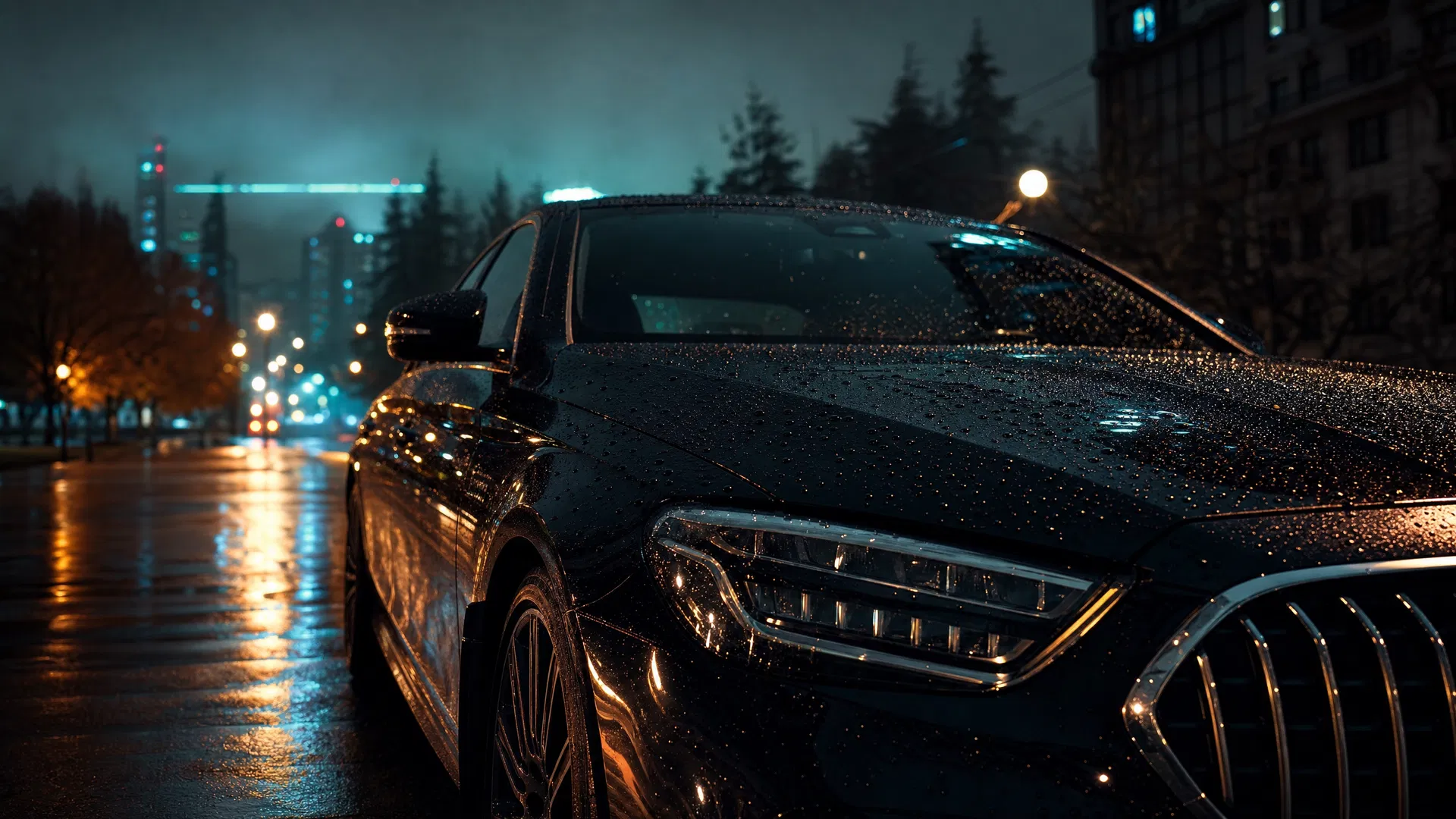 Freshly detailed luxury car on wet city street at night