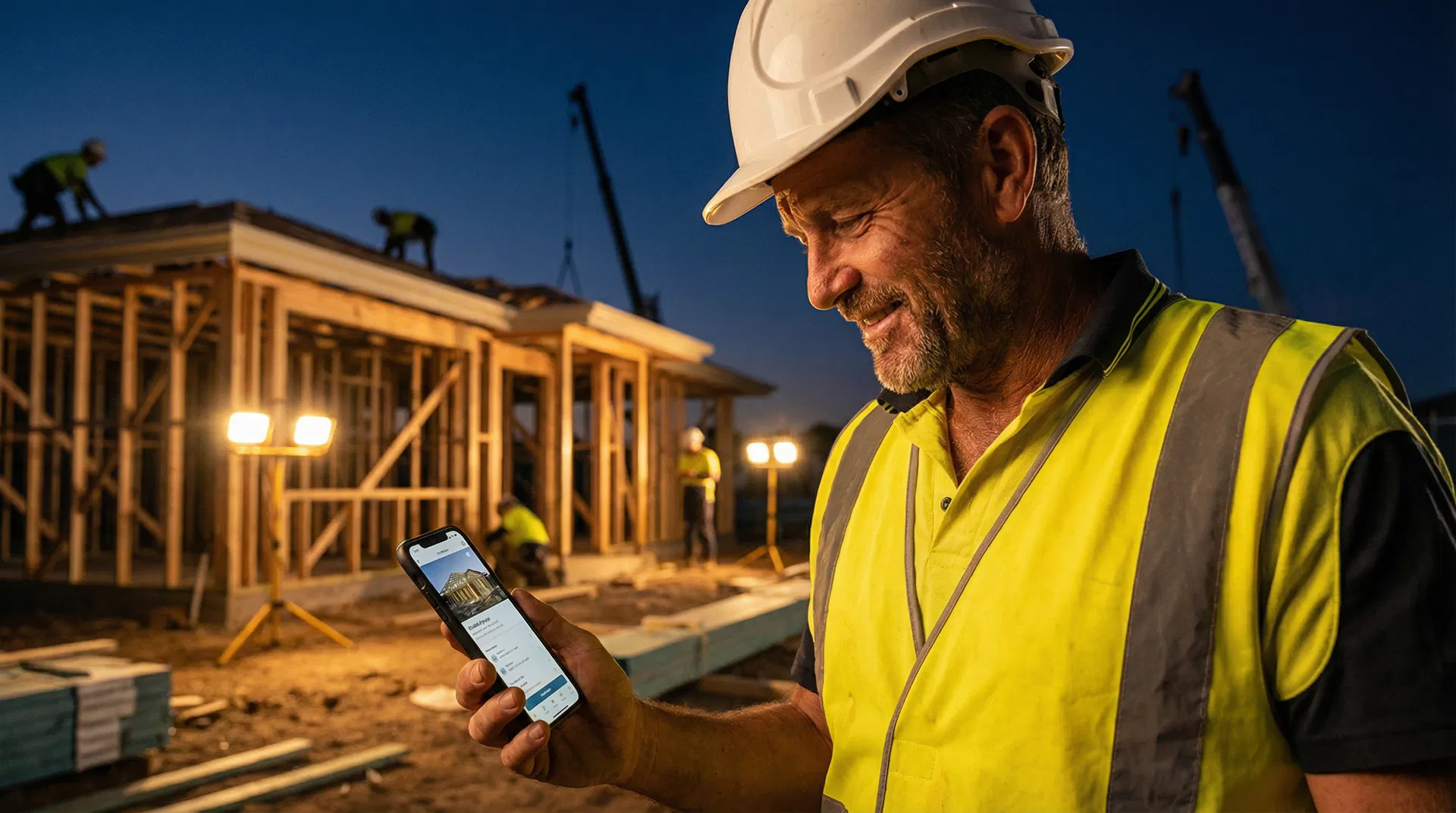 Australian tradesman on construction site checking AI phone answering service notifications on his mobile phone